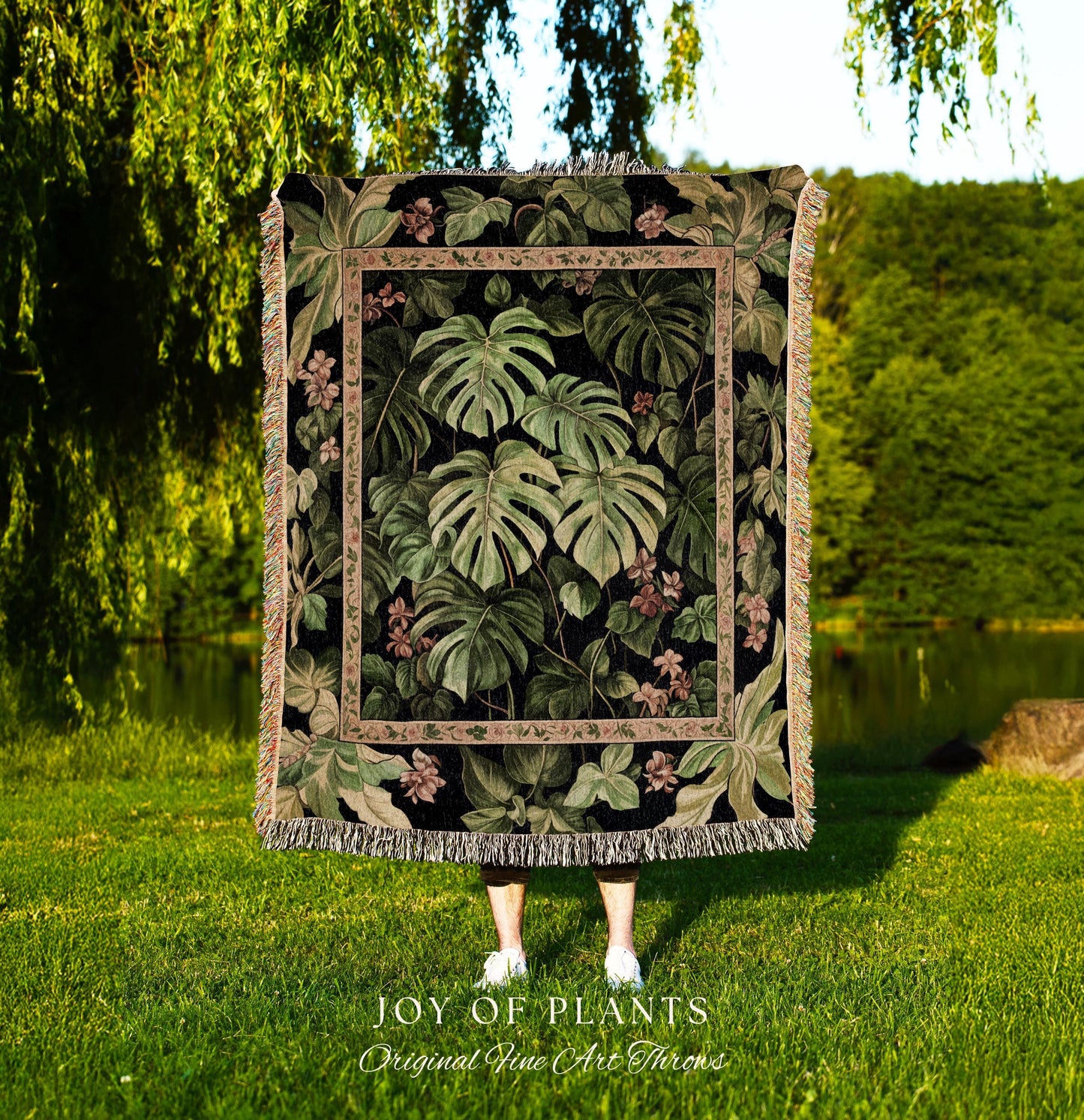 Ethereal Monstera Woodland Botanical Blanket | Tropical Aesthetic Dark Floral Houseplant Lover Whimsical Home Decor Tapestry Woven Throw |