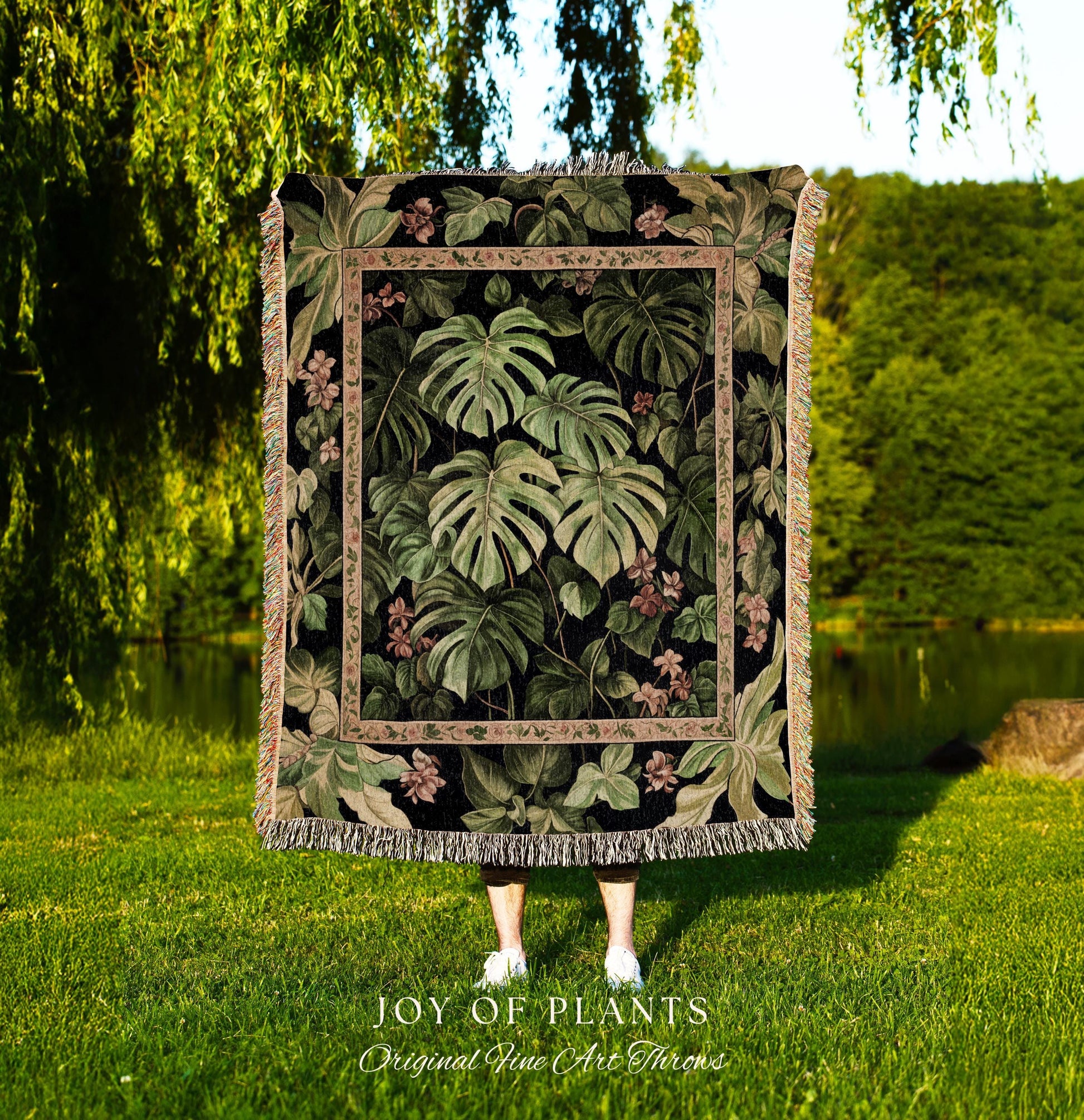 Ethereal Monstera Woodland Botanical Blanket | Tropical Aesthetic Dark Floral Houseplant Lover Whimsical Home Decor Tapestry Woven Throw |