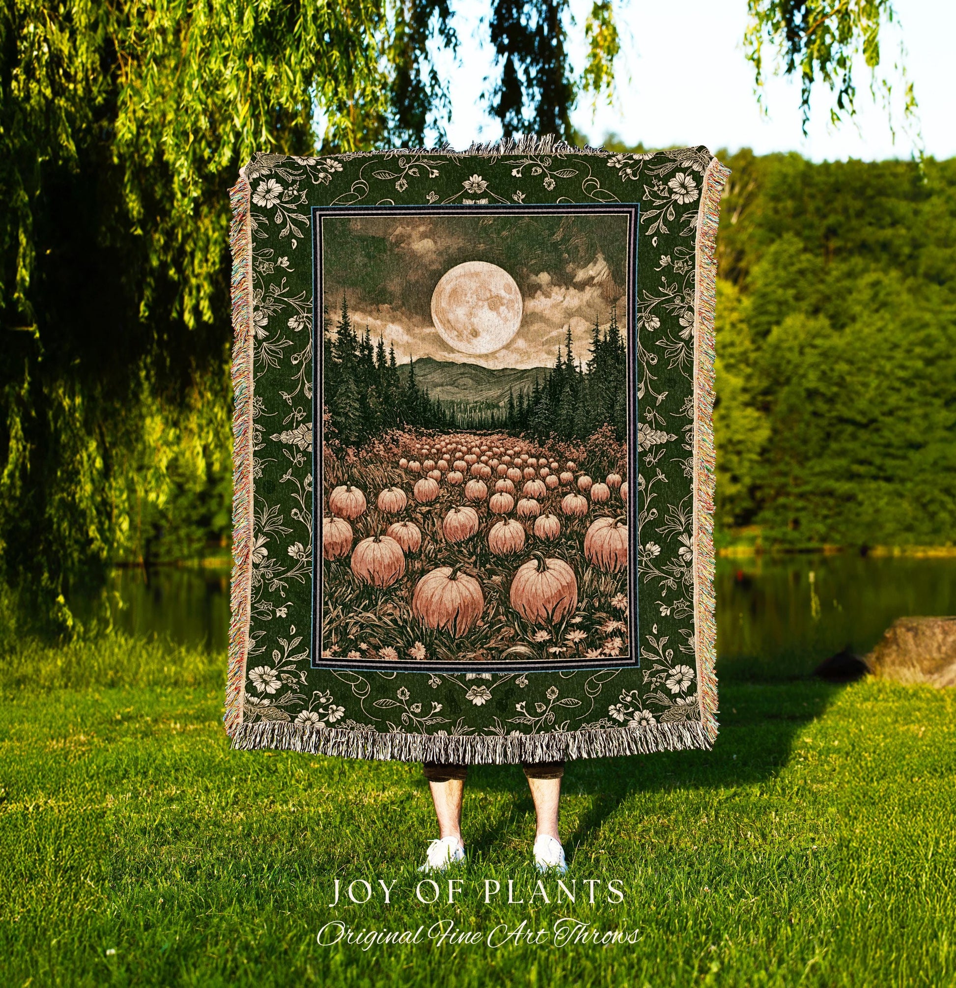 Sage Green Full Moon Throw Blanket | Rustic Pumpkin Woven Tapestry Whimsigothic Aesthetic Rustic Fall Accent Halloween Trees Light Academia