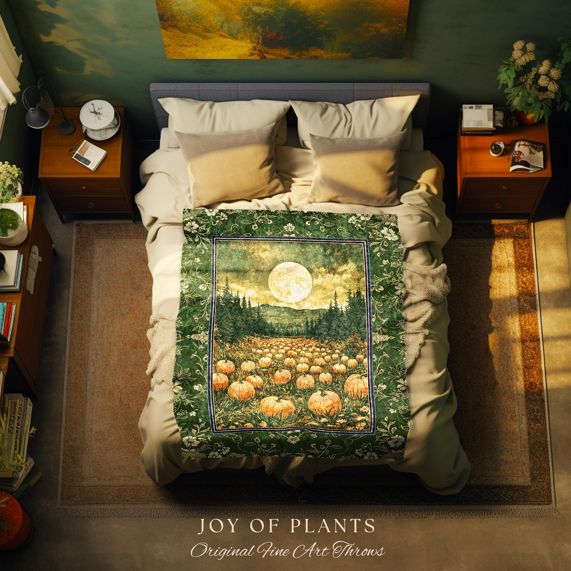 Sage Green Full Moon Throw Blanket | Rustic Pumpkin Woven Tapestry Whimsigothic Aesthetic Rustic Fall Accent Halloween Trees Light Academia