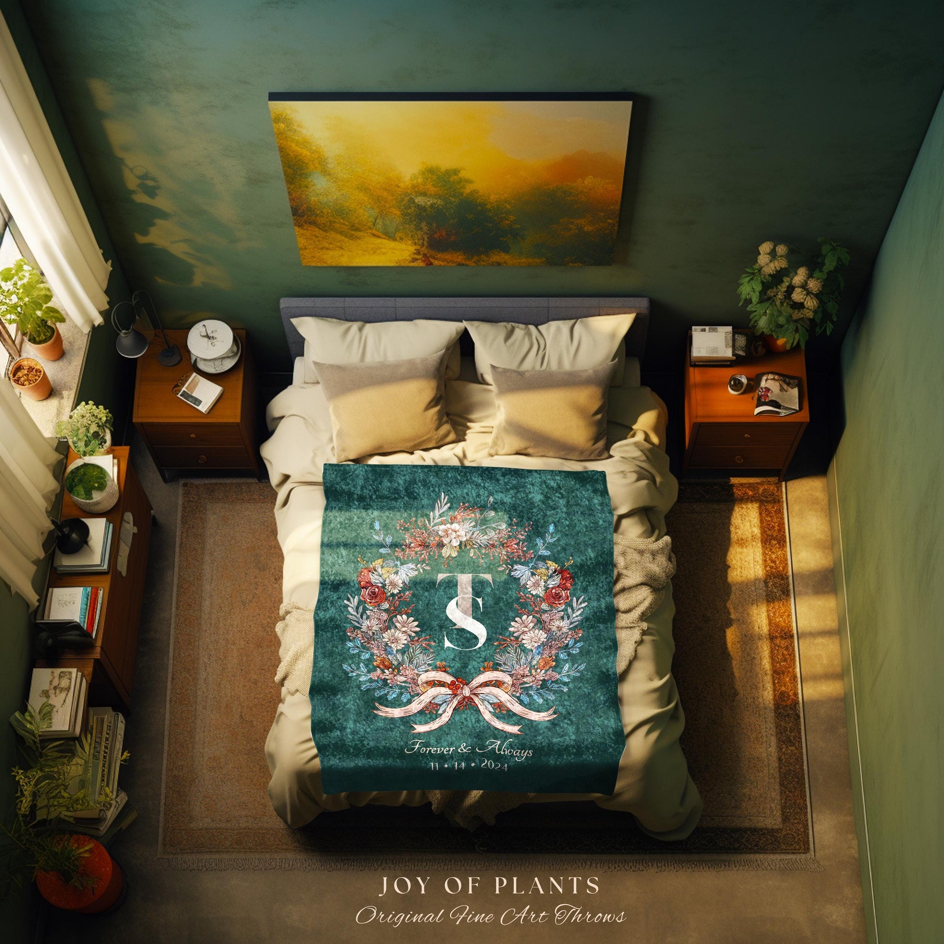 Cozy Newlyweds Initials Throw Blanket | Personalized Keepsake His and Hers Woven Tapestry Custom Dating Anniversary Floral Wreath for Her |