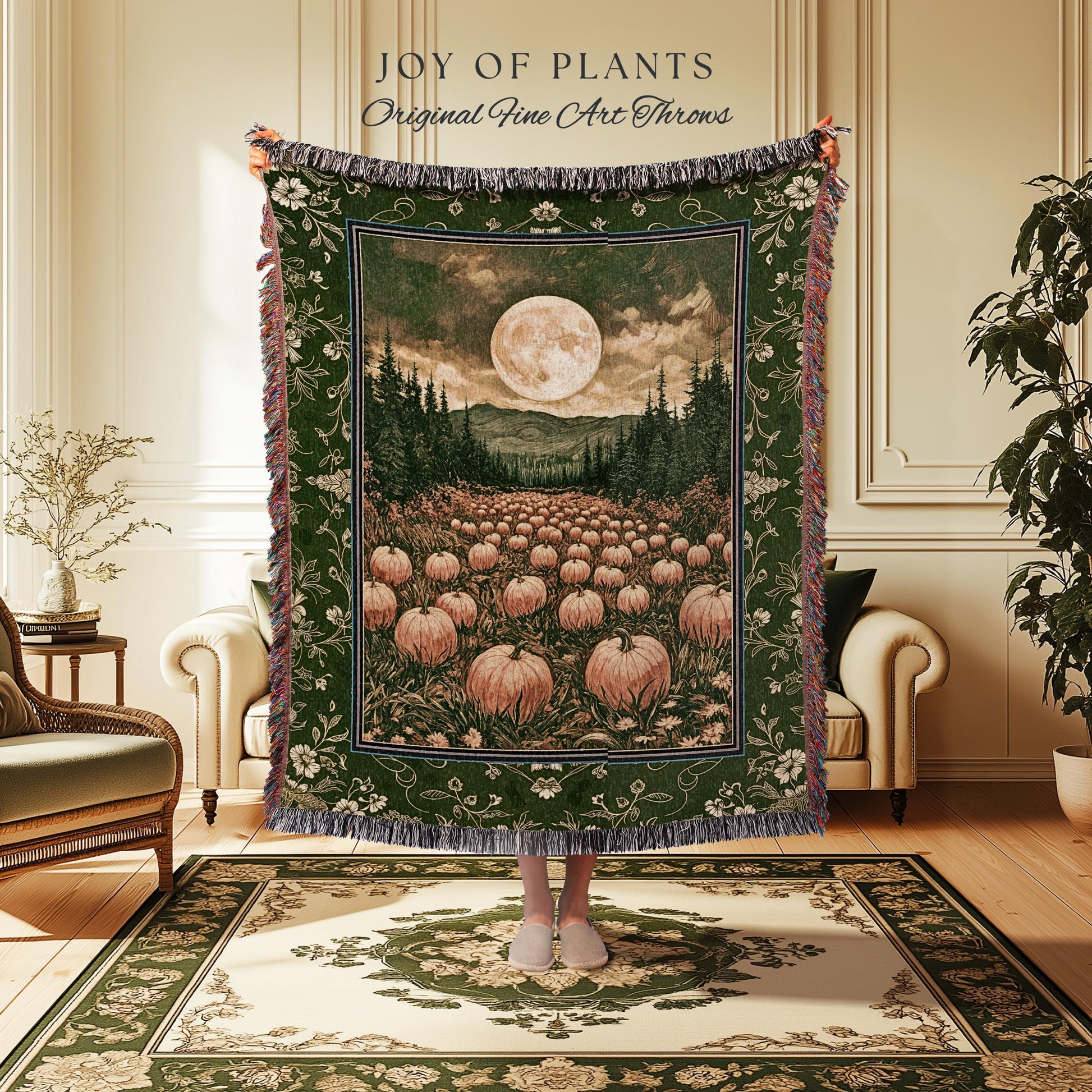 Sage Green Full Moon Throw Blanket | Rustic Pumpkin Woven Tapestry Whimsigothic Aesthetic Rustic Fall Accent Halloween Trees Light Academia