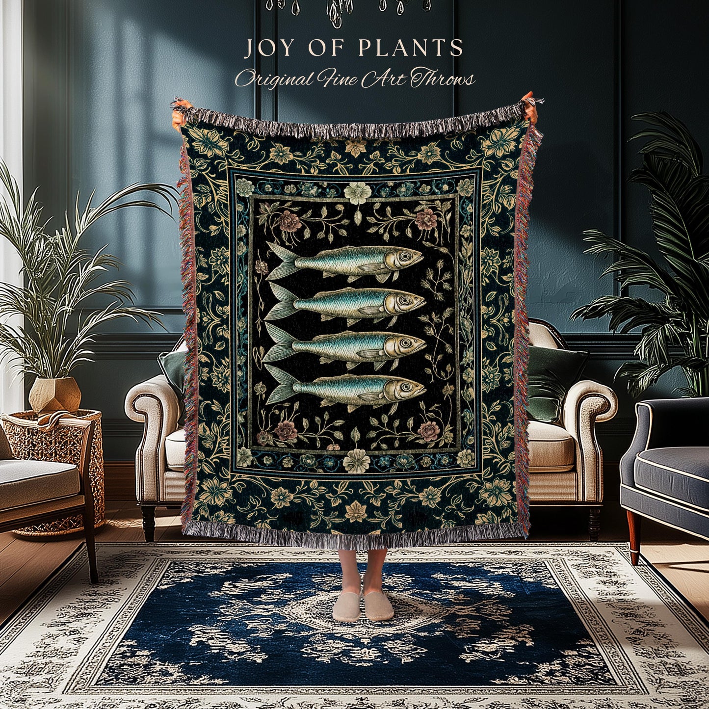 Marine Magic Sardine Woven Wall Tapestry | Sea Life Coastal Folklore Nautical Maximalist Throw Blanket Rustic Oceancore Costal Fish Marine