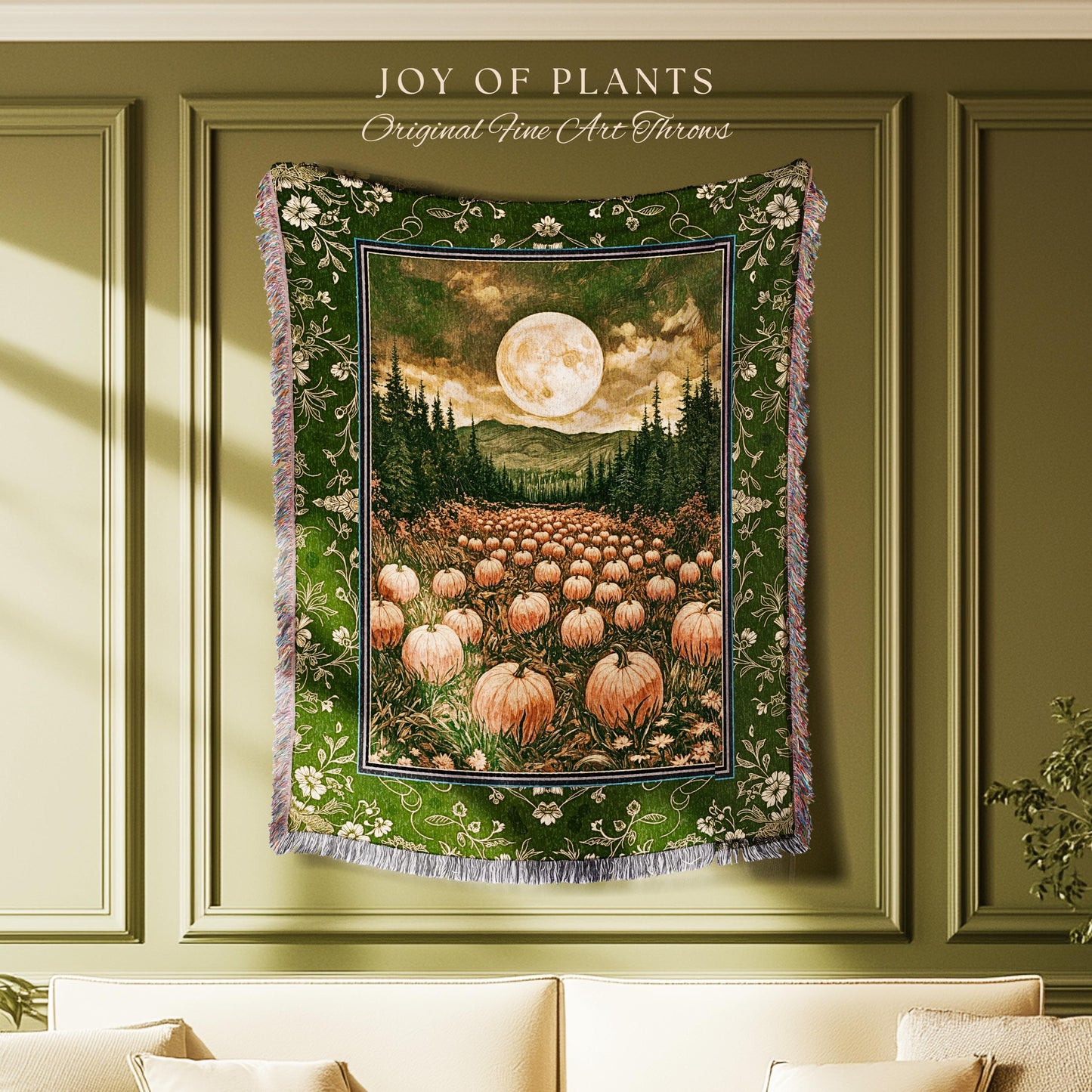 Sage Green Full Moon Throw Blanket | Rustic Pumpkin Woven Tapestry Whimsigothic Aesthetic Rustic Fall Accent Halloween Trees Light Academia