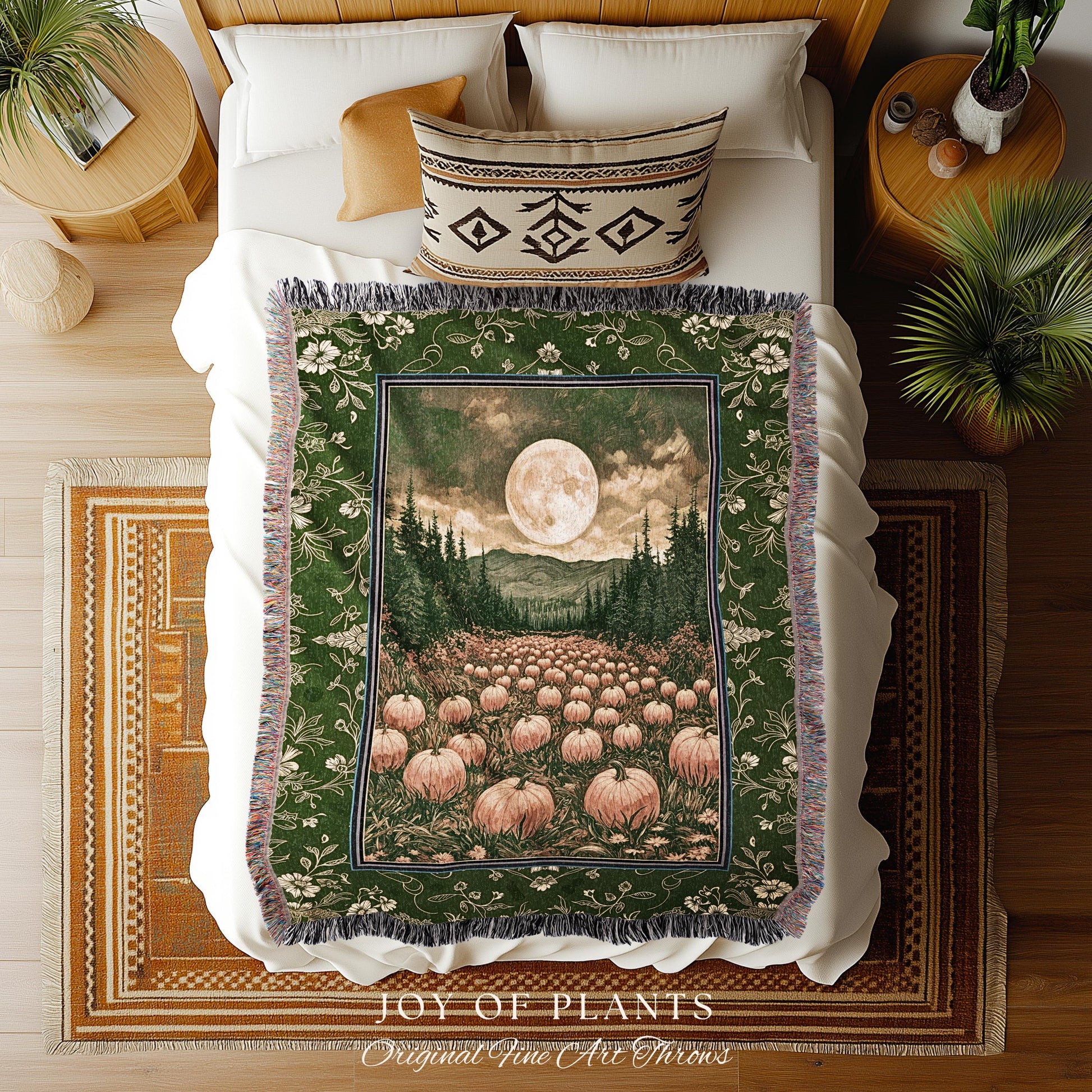 Sage Green Full Moon Throw Blanket | Rustic Pumpkin Woven Tapestry Whimsigothic Aesthetic Rustic Fall Accent Halloween Trees Light Academia