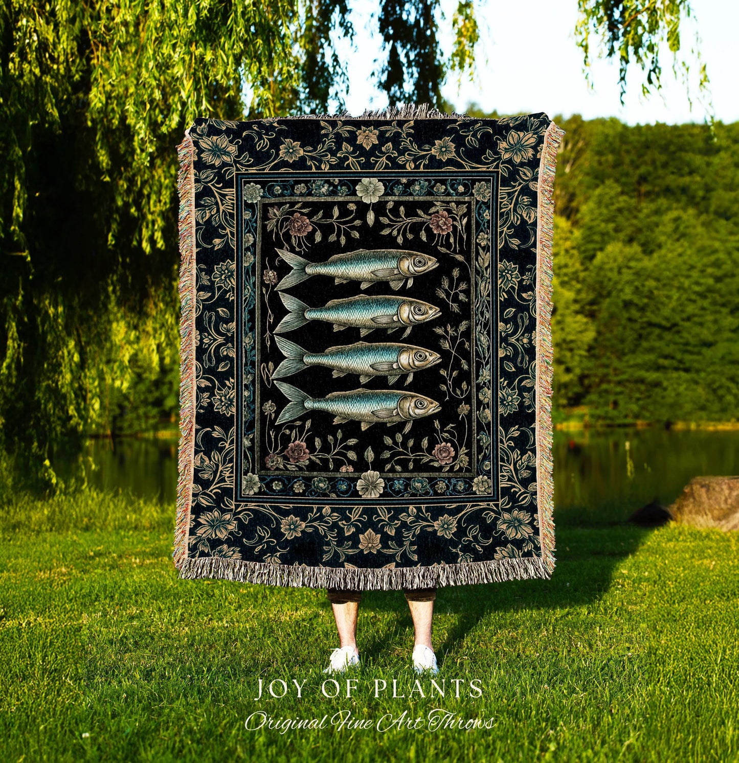 Marine Magic Sardine Woven Wall Tapestry | Sea Life Coastal Folklore Nautical Maximalist Throw Blanket Rustic Oceancore Costal Fish Marine