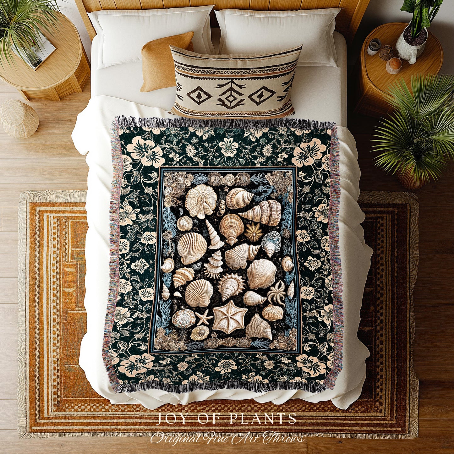 Cozy Beach House Seashell Throw Blanket | Vintage Coastal Aesthetic Beachy Rustic Woven Tapestry Crustacean Inspired Lake House Summer Decor