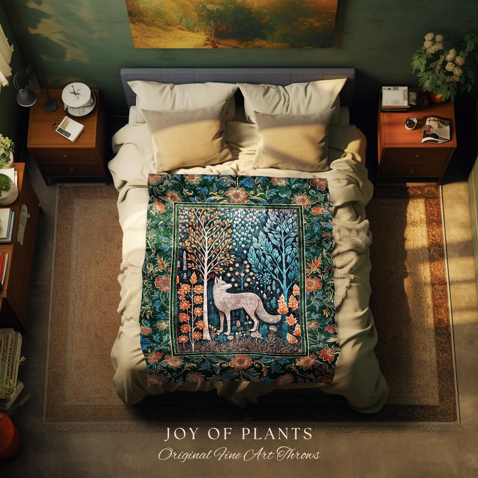 Playful Forest Boho Whimsical Tapestry | Scandinavian Woodland Wolf Boho Fairytale Danish Cottagecore Aesthetic Bohemian Throw Blanket Cozy