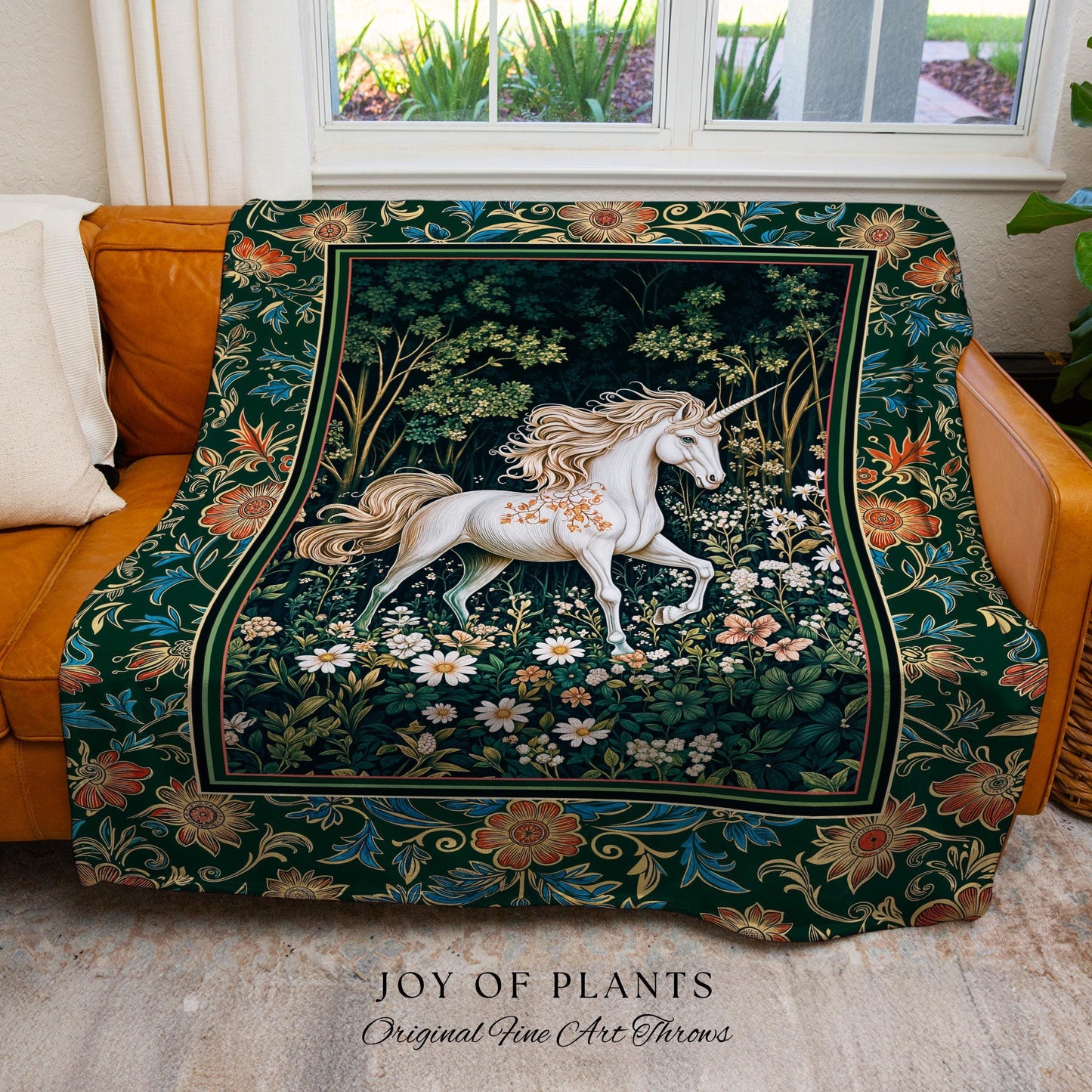 Storybook Aesthetic Mystic Unicorn Blanket | Colorful Maximalist Woven Tapestry Whimsical Victorian Fairycore Ethereal Medieval Woodland |