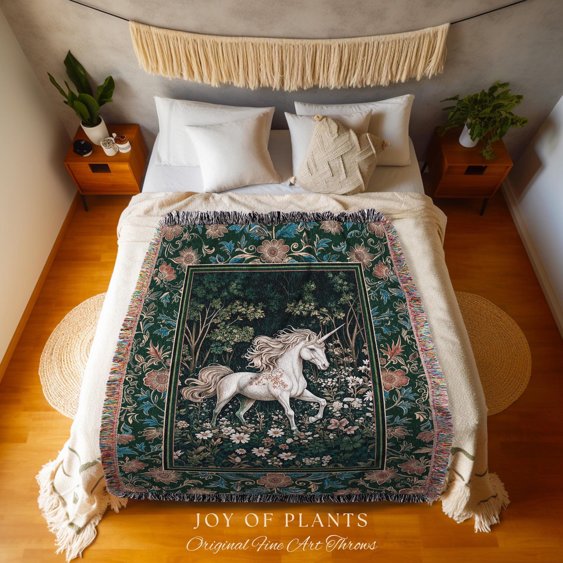 Storybook Aesthetic Mystic Unicorn Blanket | Colorful Maximalist Woven Tapestry Whimsical Victorian Fairycore Ethereal Medieval Woodland |