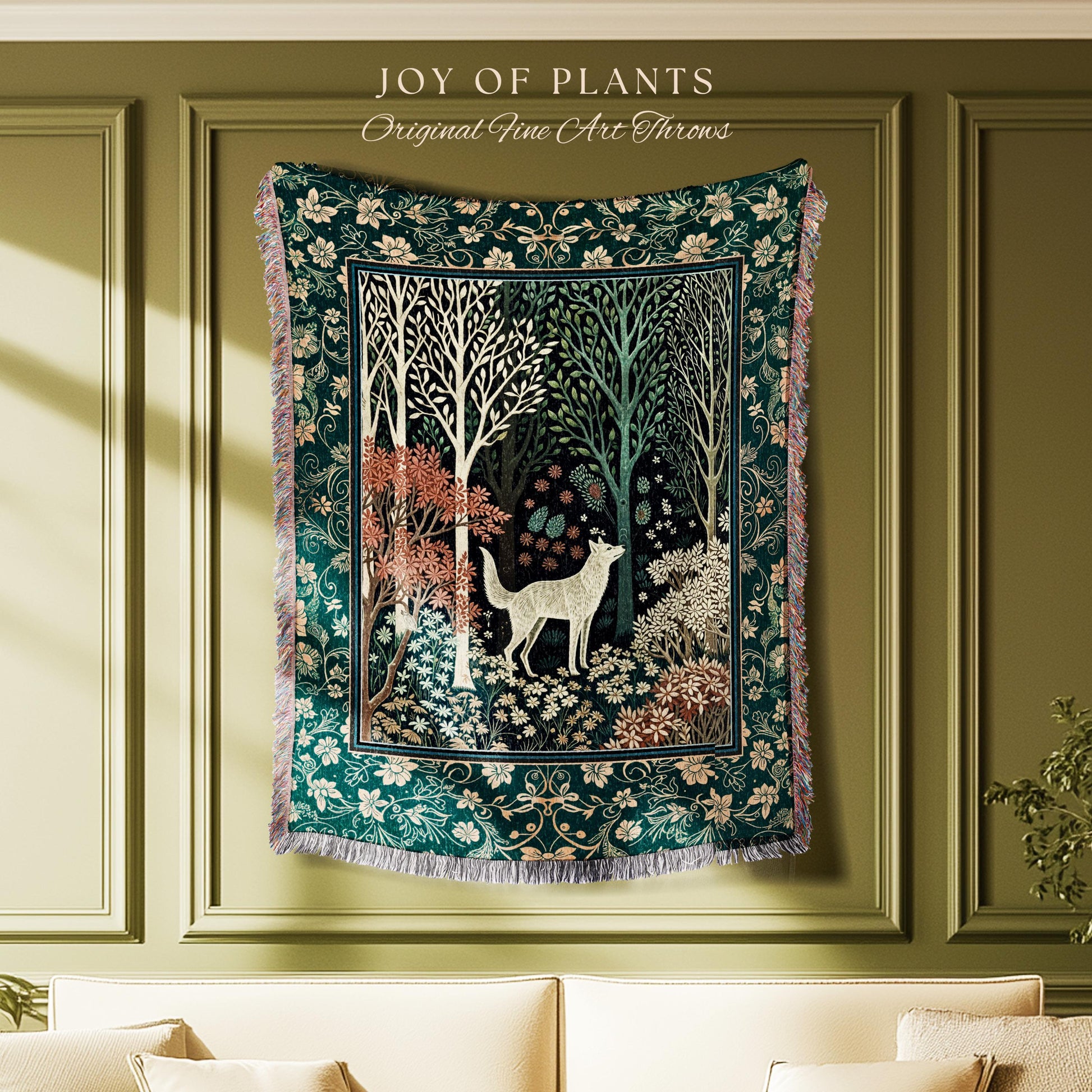 Rustic Nordic Nature Wolf Tapestry | Colorful Folklore Woven Throw Blanket Cottagecore Aesthetic Cute Boho Nursery Pastel Whimsical Woodland