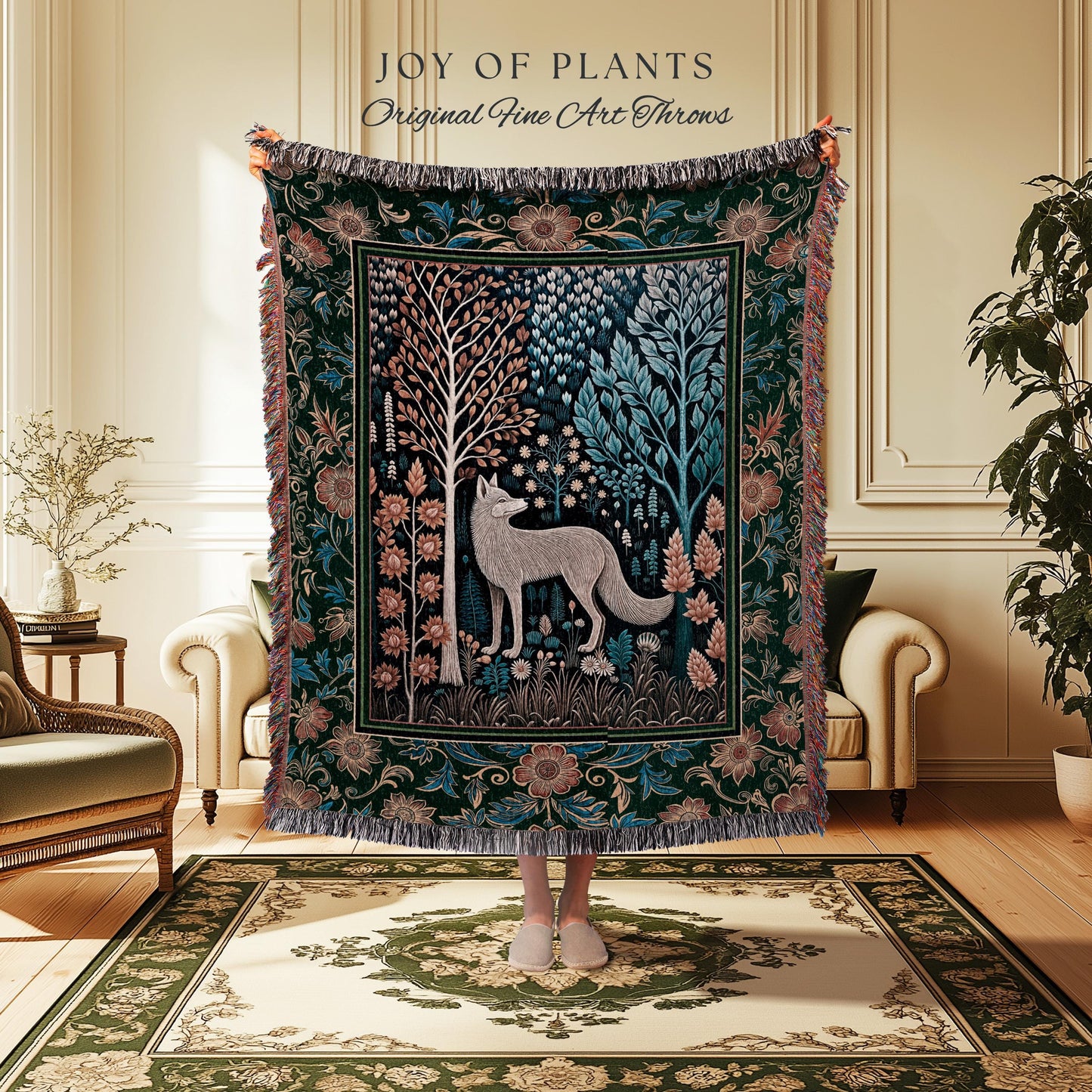 Playful Forest Boho Whimsical Tapestry | Scandinavian Woodland Wolf Boho Fairytale Danish Cottagecore Aesthetic Bohemian Throw Blanket Cozy