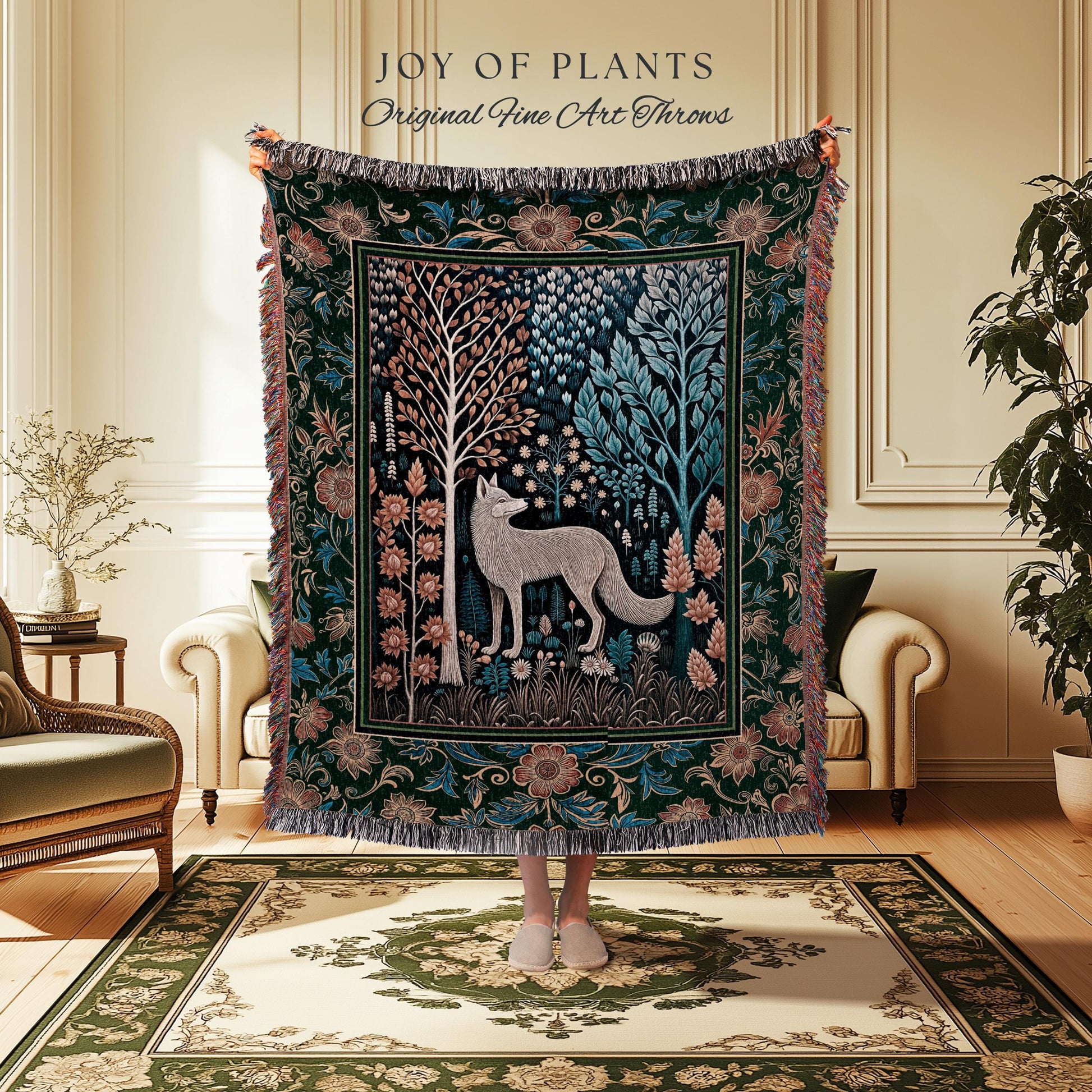 Playful Forest Boho Whimsical Tapestry | Scandinavian Woodland Wolf Boho Fairytale Danish Cottagecore Aesthetic Bohemian Throw Blanket Cozy