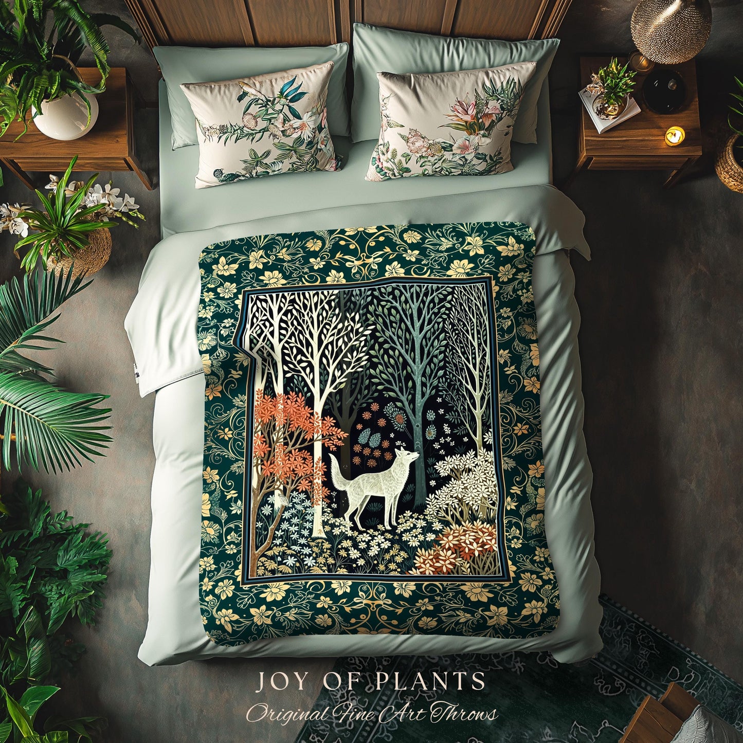 Rustic Nordic Nature Wolf Tapestry | Colorful Folklore Woven Throw Blanket Cottagecore Aesthetic Cute Boho Nursery Pastel Whimsical Woodland