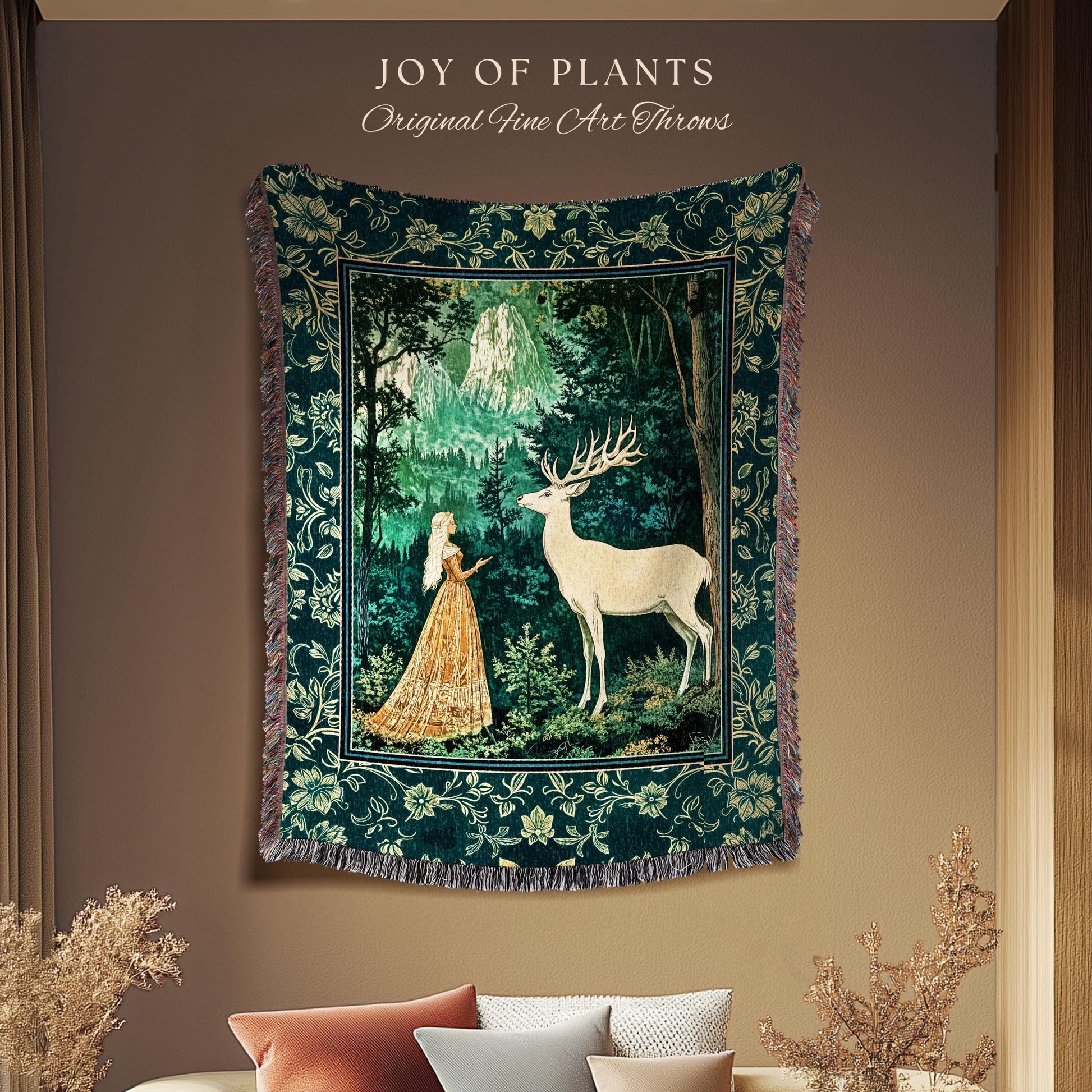 Mystic Animal Guardian Tapestry | Fairy Forest Throw Blanket Ethereal Woods Folklore Woven Wall Art Enchanted Cottagecore Bedroom Magical |