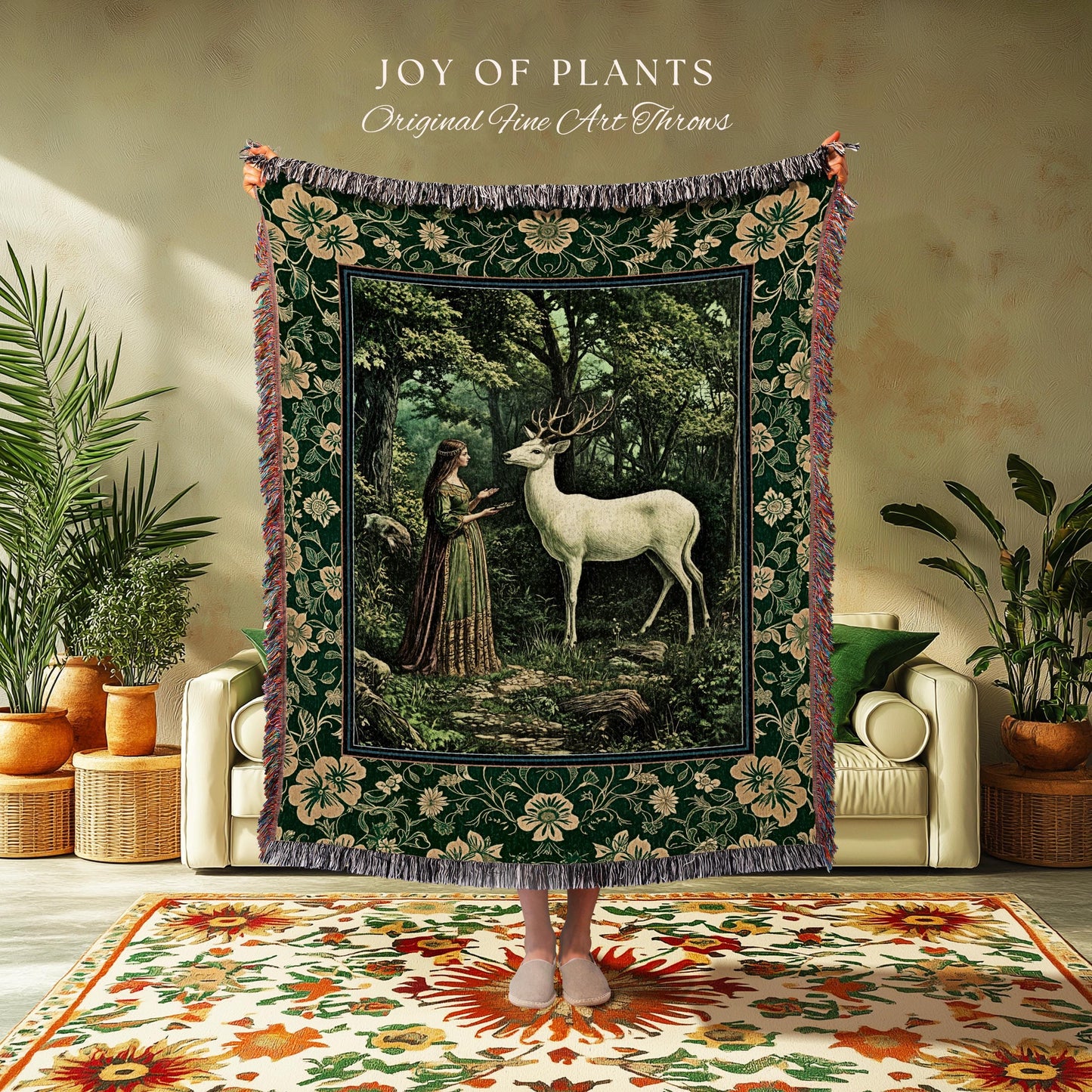 Lush Woodland Folklore Tapestry Woven | Forest Nymph Castlecore Botanical Throw Blanket Forest Spirits Deep Emerald Green Bedroom Accent |