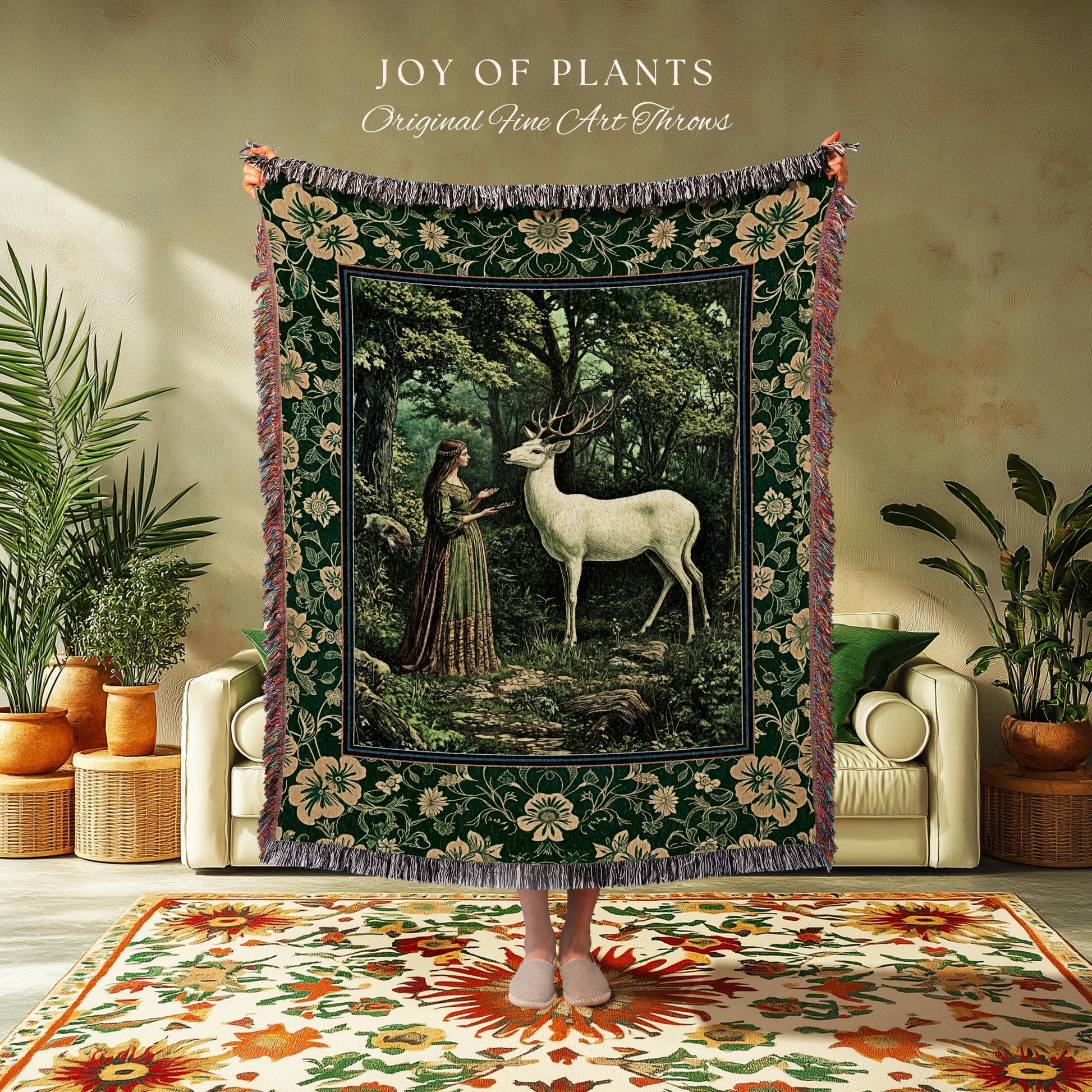 Lush Woodland Folklore Tapestry Woven | Forest Nymph Castlecore Botanical Throw Blanket Forest Spirits Deep Emerald Green Bedroom Accent |