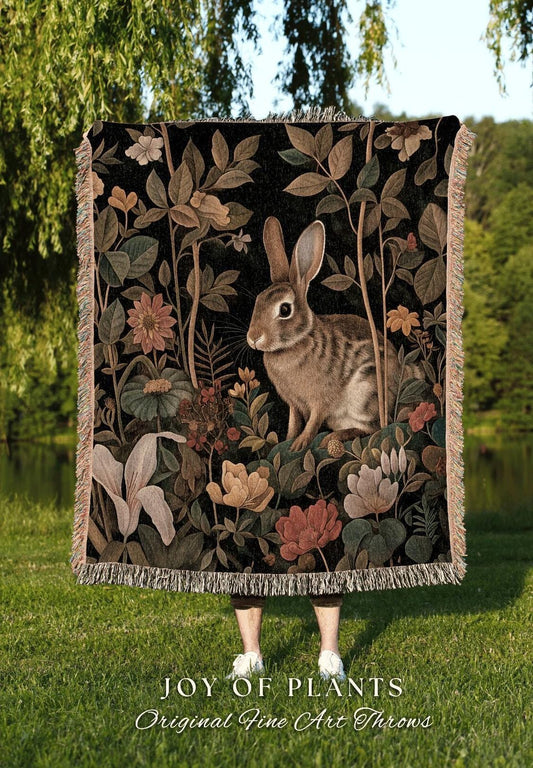 Cottagecore Cozy Spring Bunny Throw | Fairycore Woven Blanket Boho Room Decor Woodland Botanical Aesthetic Fairy Core Tapestry Wallhanging