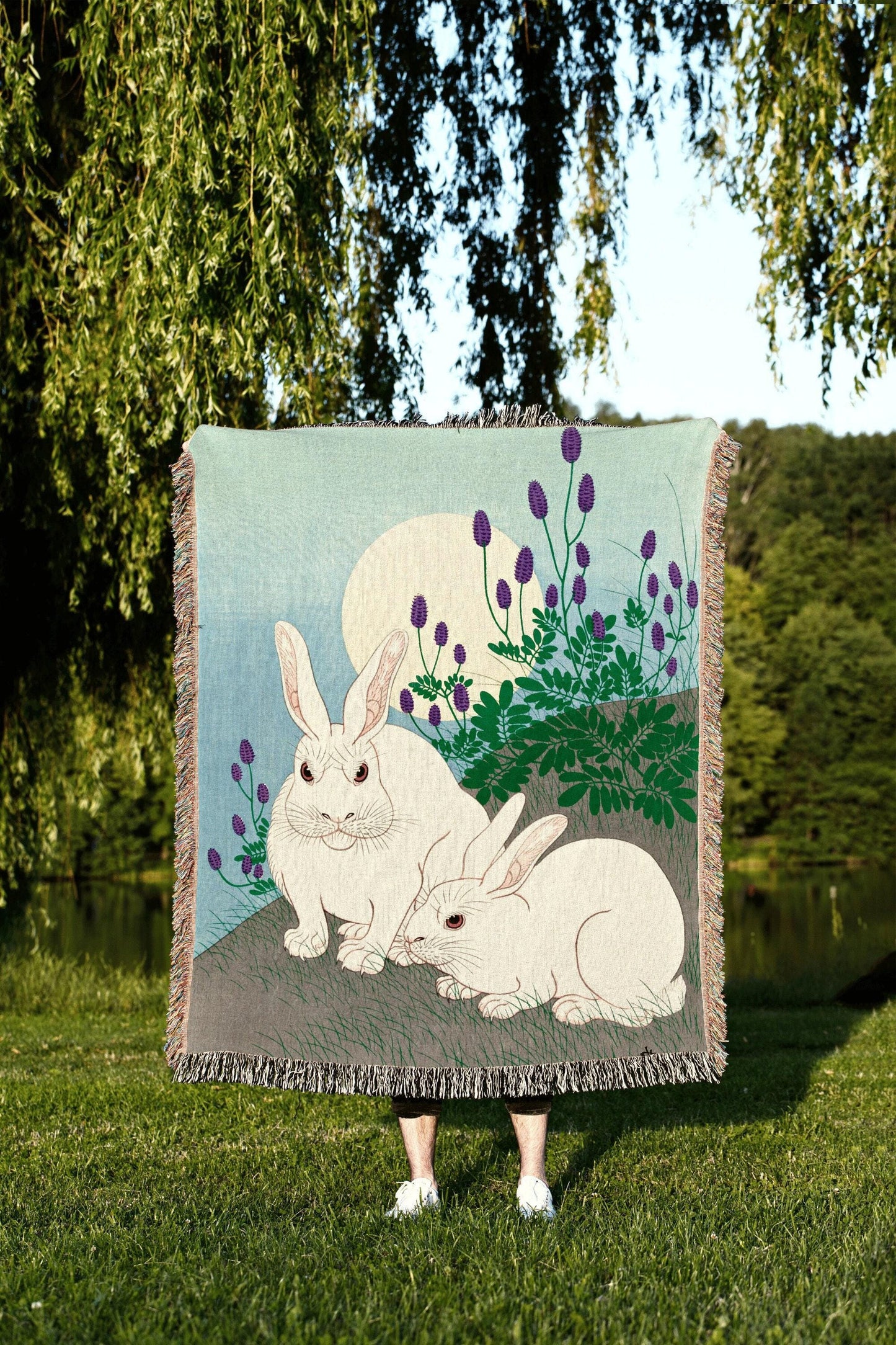 Rabbit Blanket Woven Thorw Blanket | Vintage Japanese Art Tapestry | Japanese Rabbit Art Blanket | Ohara Koson Art Print Woven Blanket