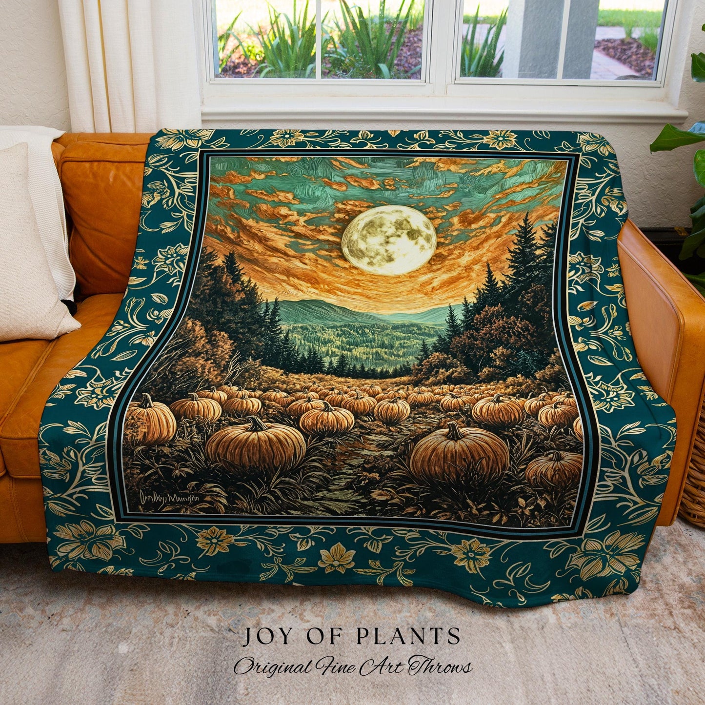Moody Gothic Halloween Woven Blanket | Whimsical Fall Pumpkin Decor Full Moon Dark Academia Spooky Throw Rustic Autumn Accent Tapestry Art