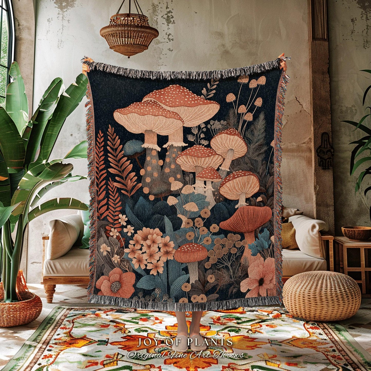 Mushroom Blanket Woven Throw | Eclectic Throw for Mushroom Lover Gift Whimsical Room Decor Reading Nook Aesthetic Boho Tapestry Mystical |