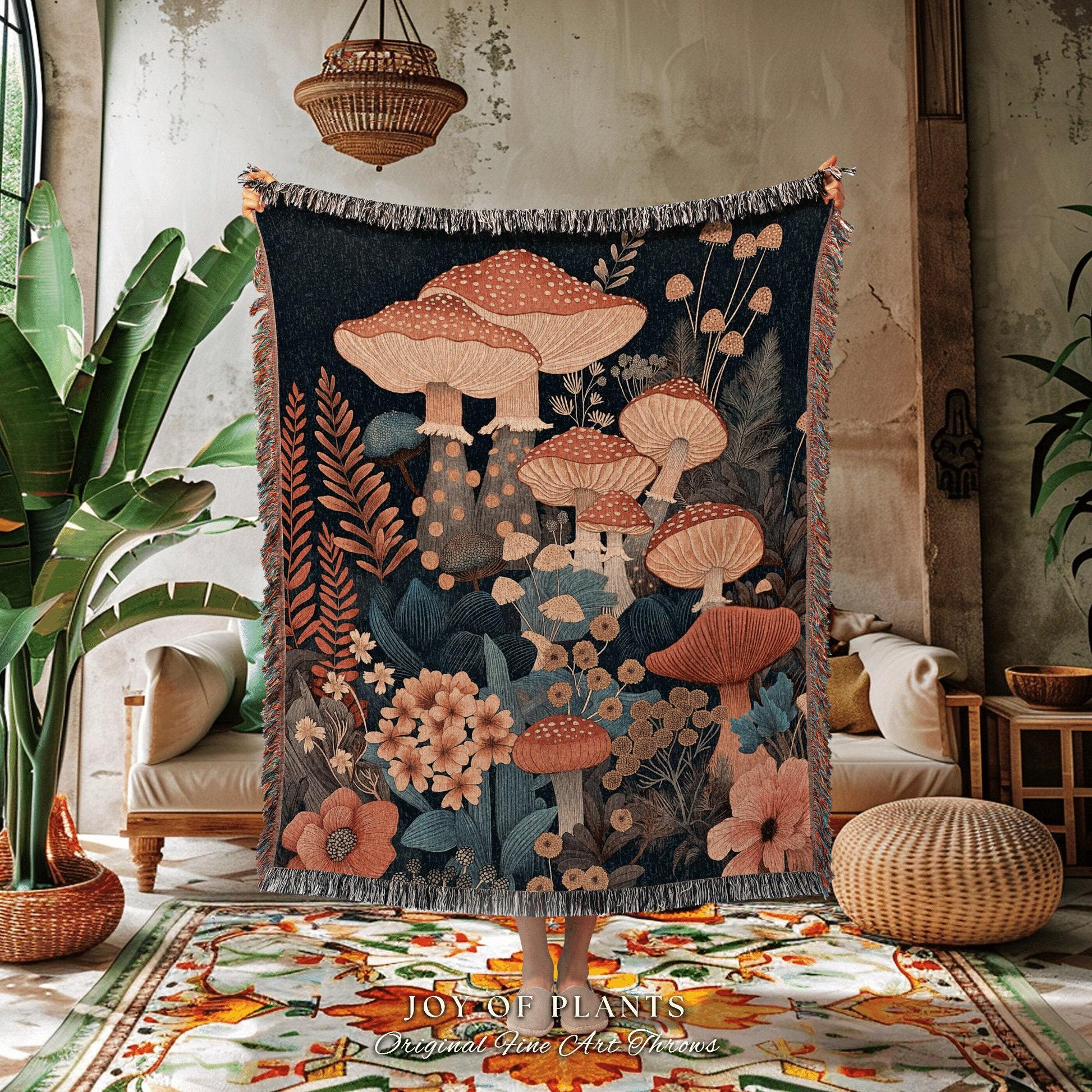 Mushroom Blanket Woven Throw | Eclectic Throw for Mushroom Lover Gift Whimsical Room Decor Reading Nook Aesthetic Boho Tapestry Mystical |