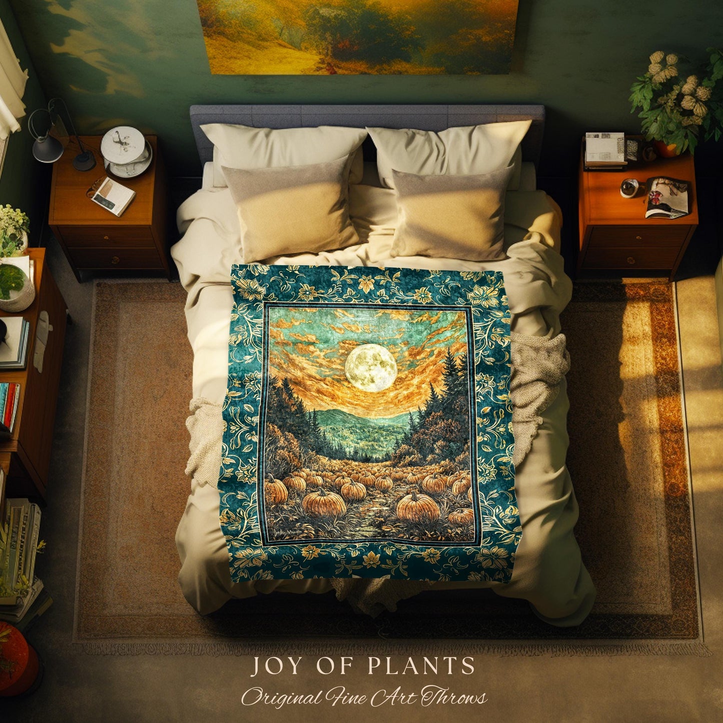 Moody Gothic Halloween Woven Blanket | Whimsical Fall Pumpkin Decor Full Moon Dark Academia Spooky Throw Rustic Autumn Accent Tapestry Art