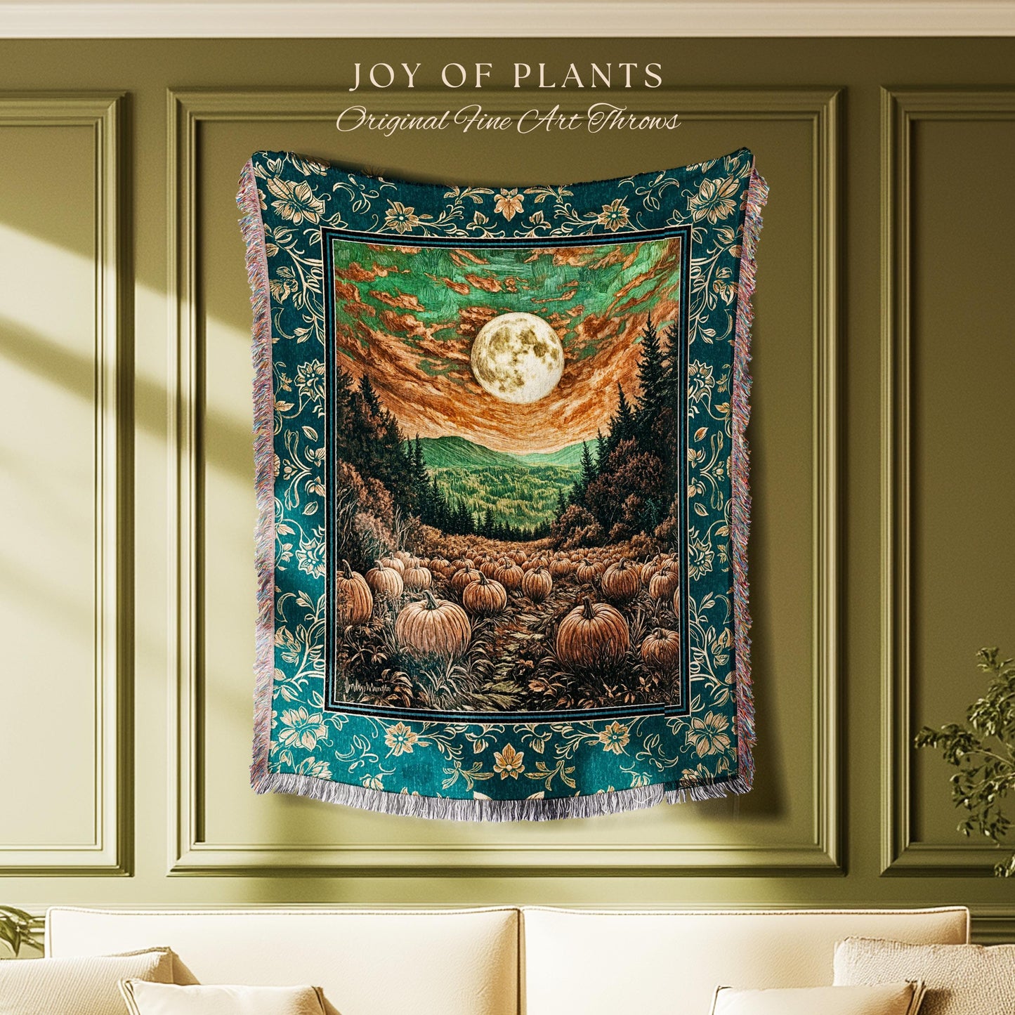 Moody Gothic Halloween Woven Blanket | Whimsical Fall Pumpkin Decor Full Moon Dark Academia Spooky Throw Rustic Autumn Accent Tapestry Art