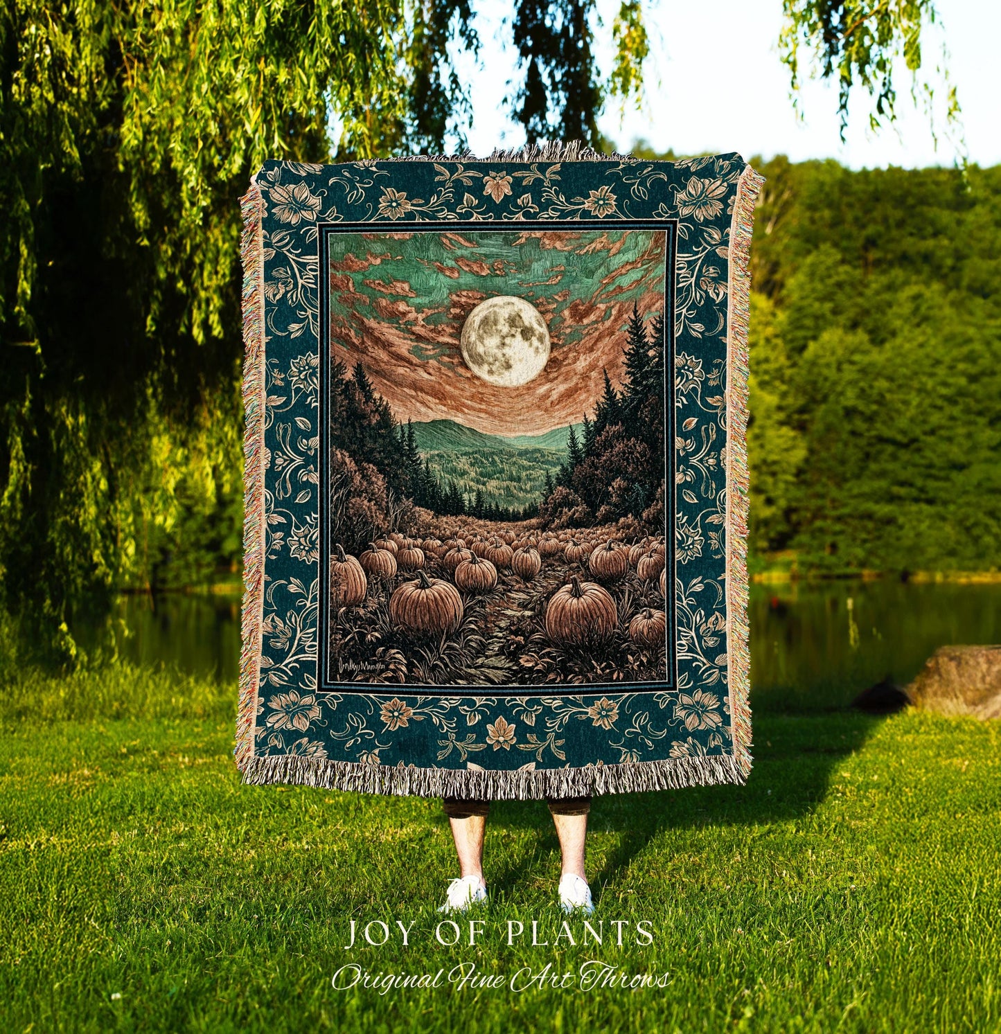 Moody Gothic Halloween Woven Blanket | Whimsical Fall Pumpkin Decor Full Moon Dark Academia Spooky Throw Rustic Autumn Accent Tapestry Art