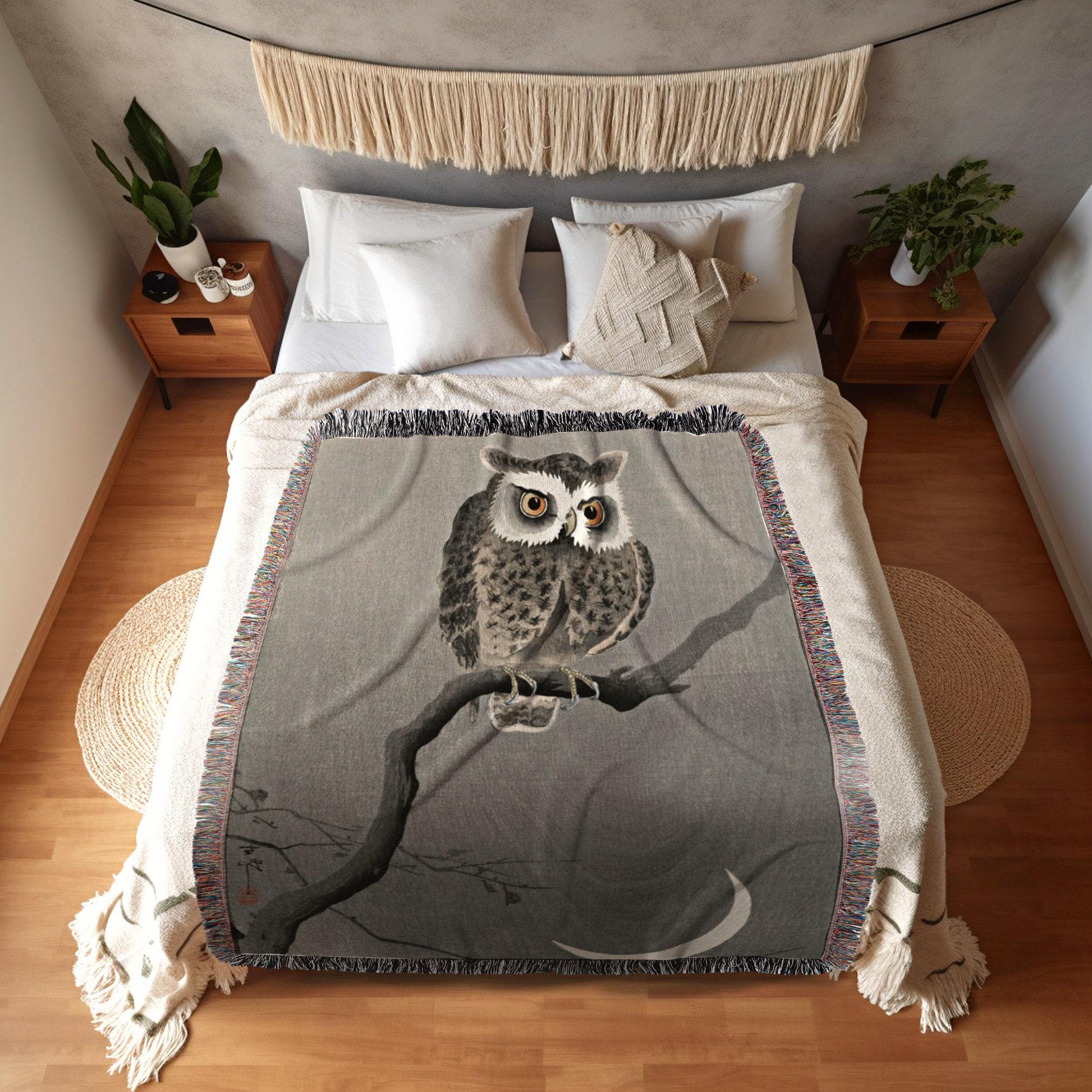 Japanese Watercolor Owl Art | Woven Japanese Blanket | Owl Art | Black Crow Core | Watercolor Vintage Throw Blanket | Woven Tapestry Gothic