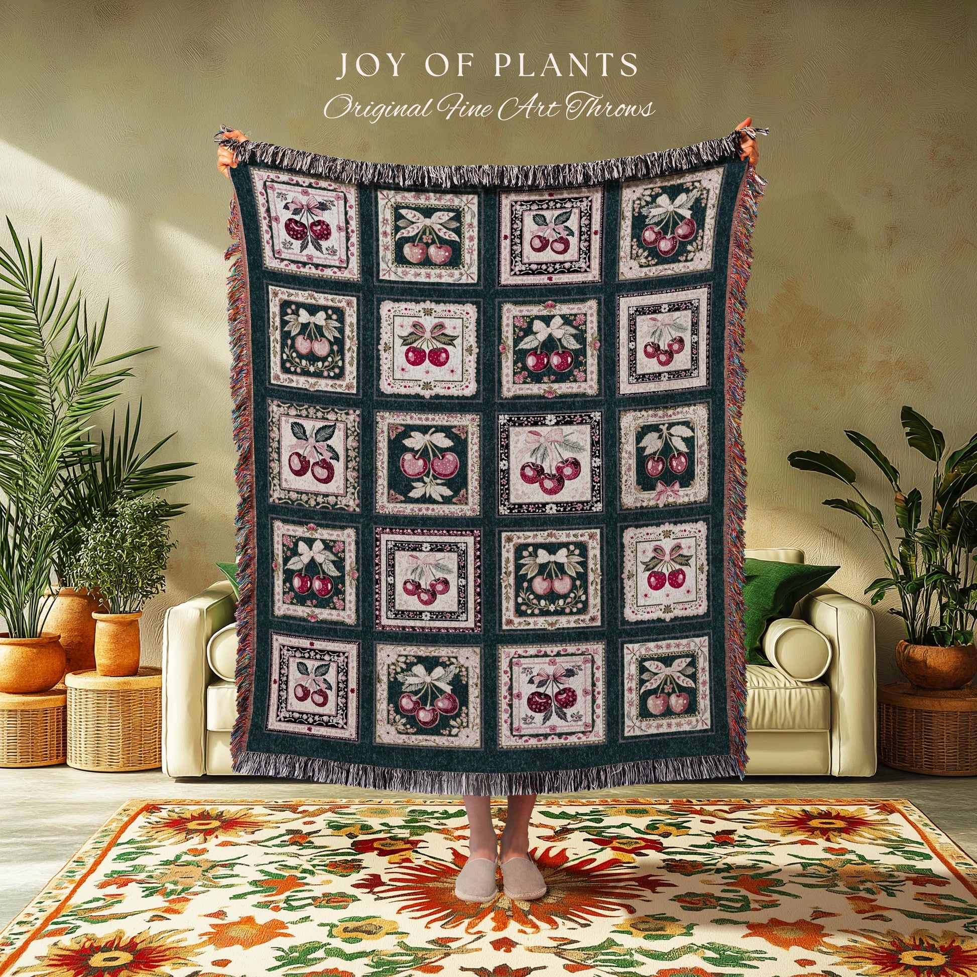 Cozy Coquette Cherry Blanket | Retro Checkered Print Cottagecore Coverlet Pink Farmhouse Wall Tapestry Sweetheart Throw Trendy Aesthetic |