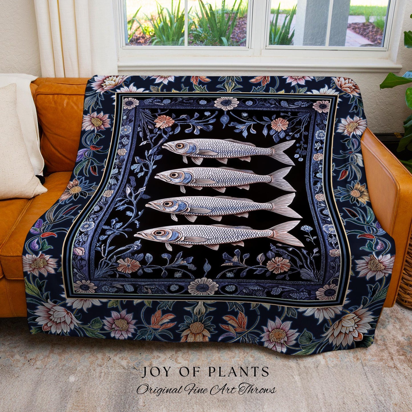Midnight Purple Sardine Throw Blanket | Ethereal Botanical Beach House Woven Wall Tapestry Eclectic Marine Life Nautical Coastal Aesthetic |