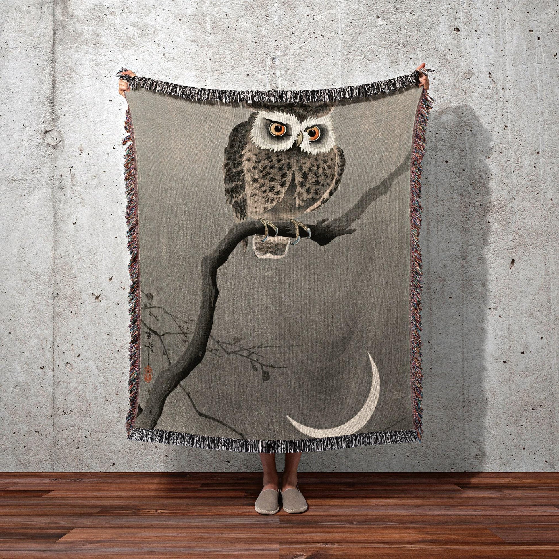 Japanese Watercolor Owl Art | Woven Japanese Blanket | Owl Art | Black Crow Core | Watercolor Vintage Throw Blanket | Woven Tapestry Gothic