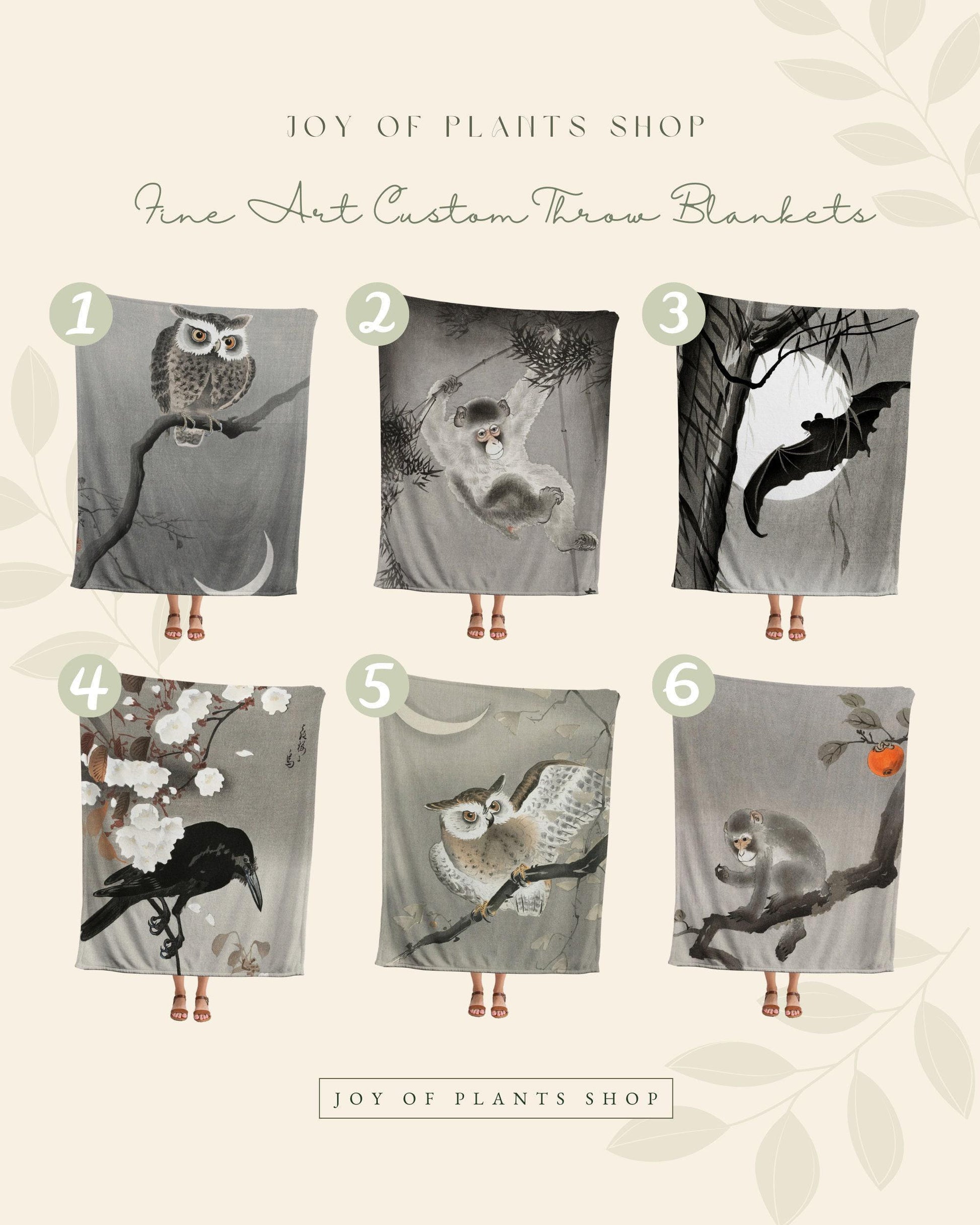 Japanese Watercolor Owl Art | Woven Japanese Blanket | Owl Art | Black Crow Core | Watercolor Vintage Throw Blanket | Woven Tapestry Gothic