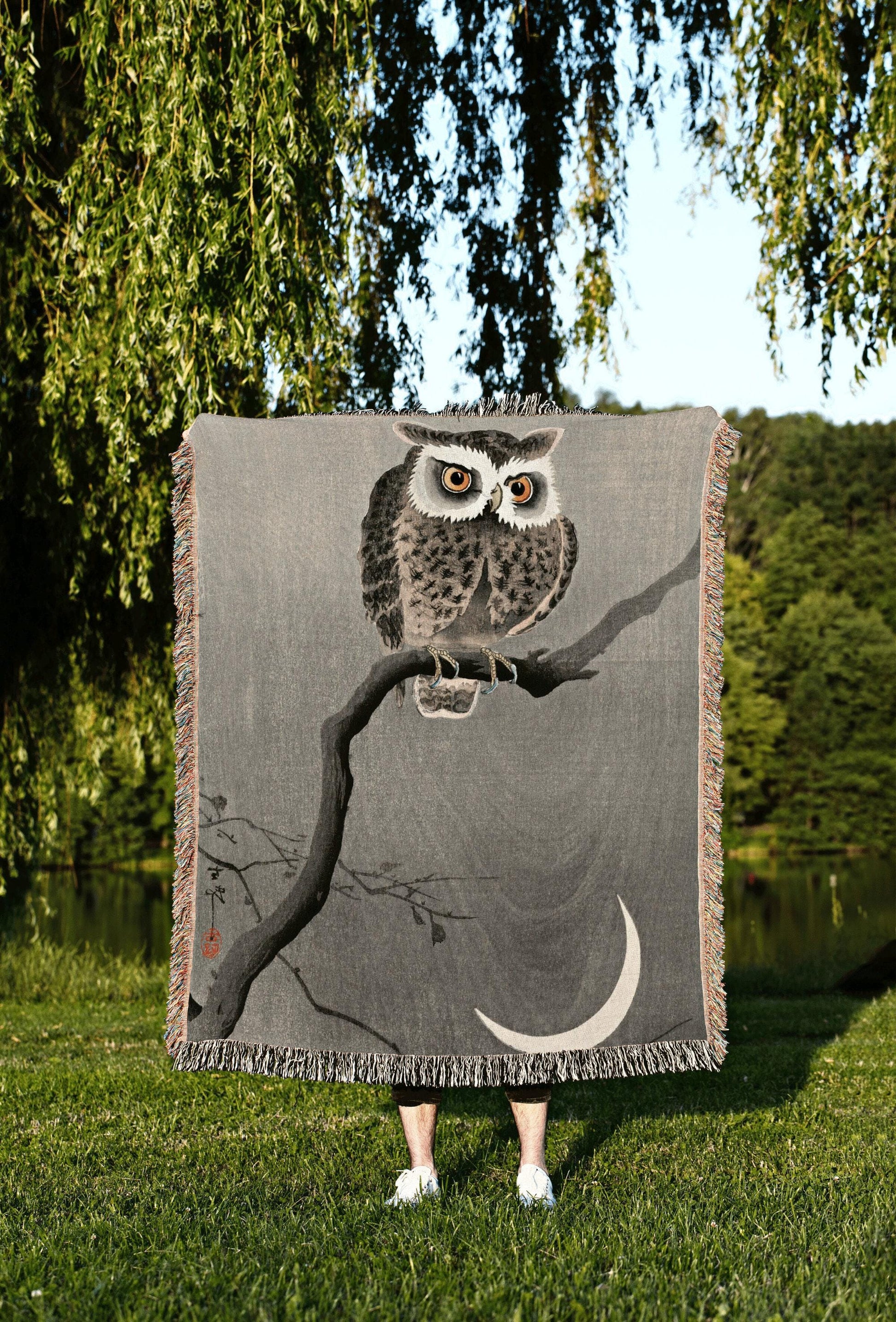 Japanese Watercolor Owl Art | Woven Japanese Blanket | Owl Art | Black Crow Core | Watercolor Vintage Throw Blanket | Woven Tapestry Gothic
