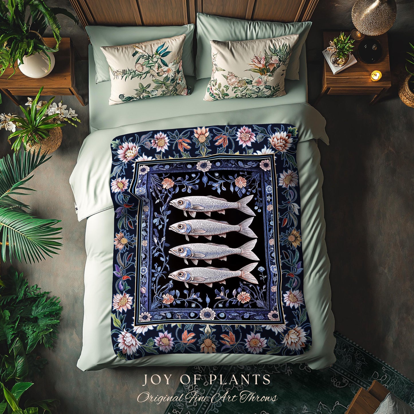 Midnight Purple Sardine Throw Blanket | Ethereal Botanical Beach House Woven Wall Tapestry Eclectic Marine Life Nautical Coastal Aesthetic |