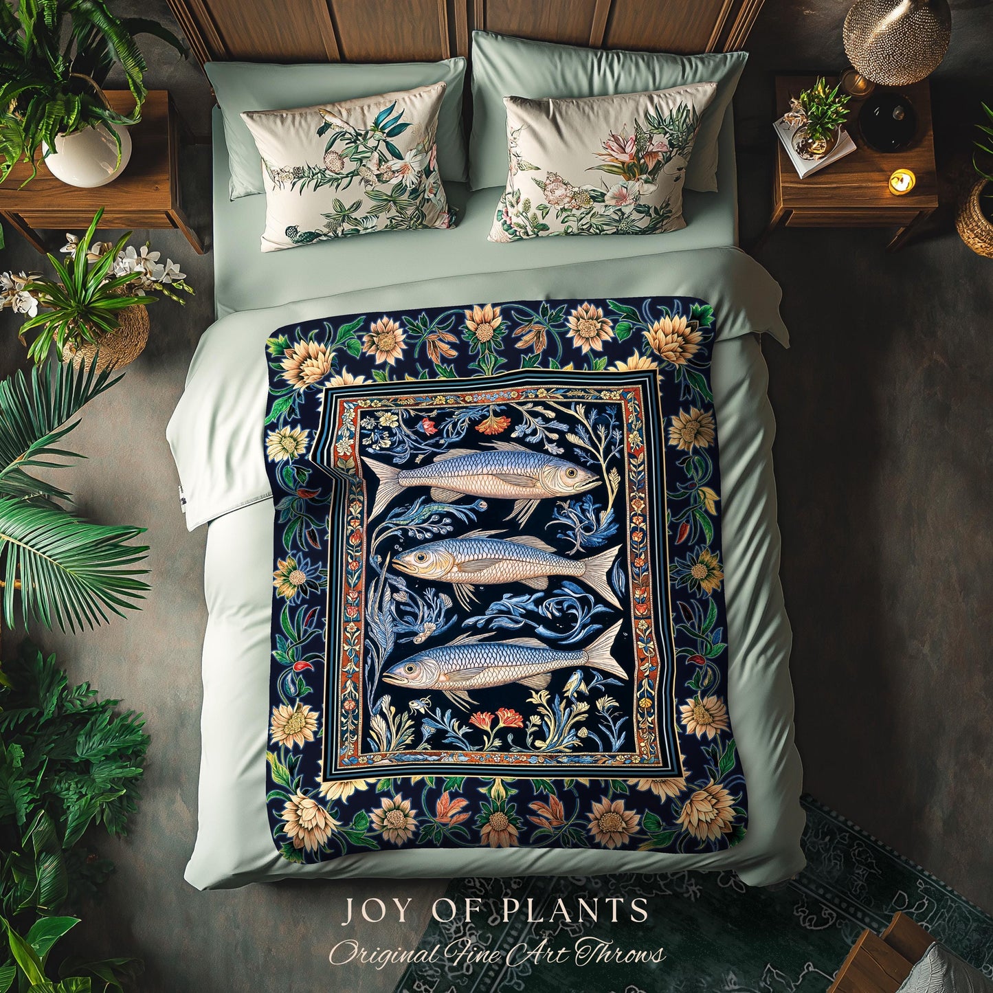 Botanical Marine Life Woven Throw Blanket | Coastal Aesthetic Beachy Whimsical Sardine Tapestry Nautical Lake House Decor Eclectic Floral |