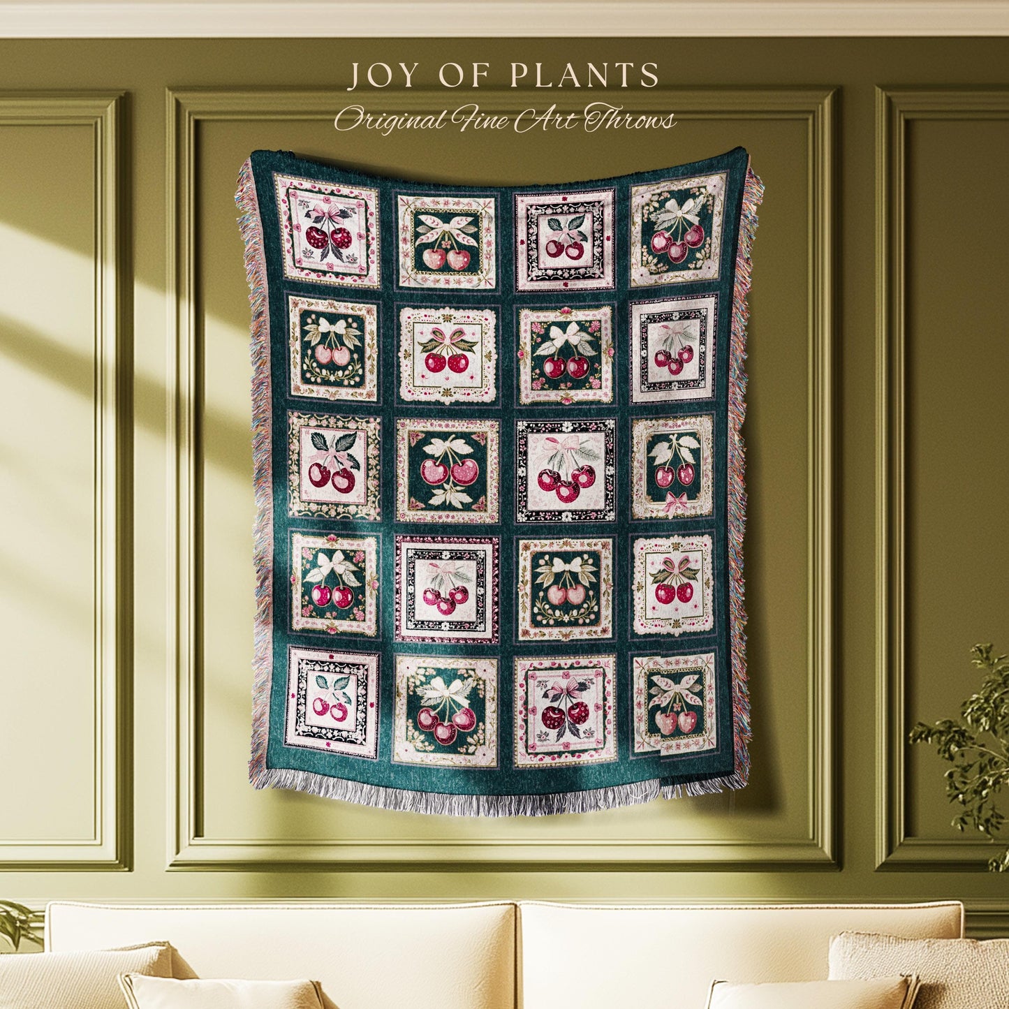 Cozy Coquette Cherry Blanket | Retro Checkered Print Cottagecore Coverlet Pink Farmhouse Wall Tapestry Sweetheart Throw Trendy Aesthetic |