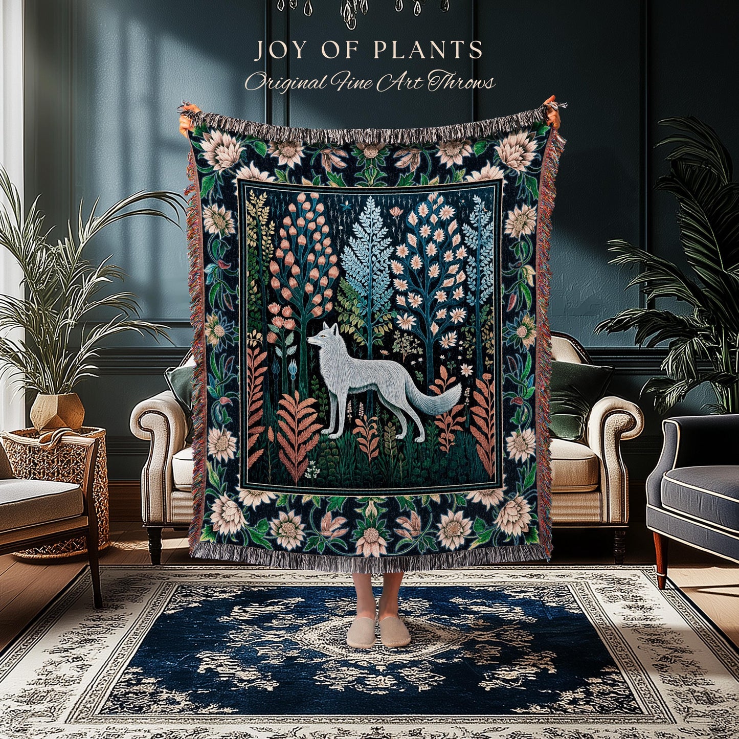 Floral Woodland Cozy Boho Blanket | Cabincore Indie Aesthetic Folklore Cute Wolf Nursery Fairytale Danish Pastel Cottagecore Whimsical |