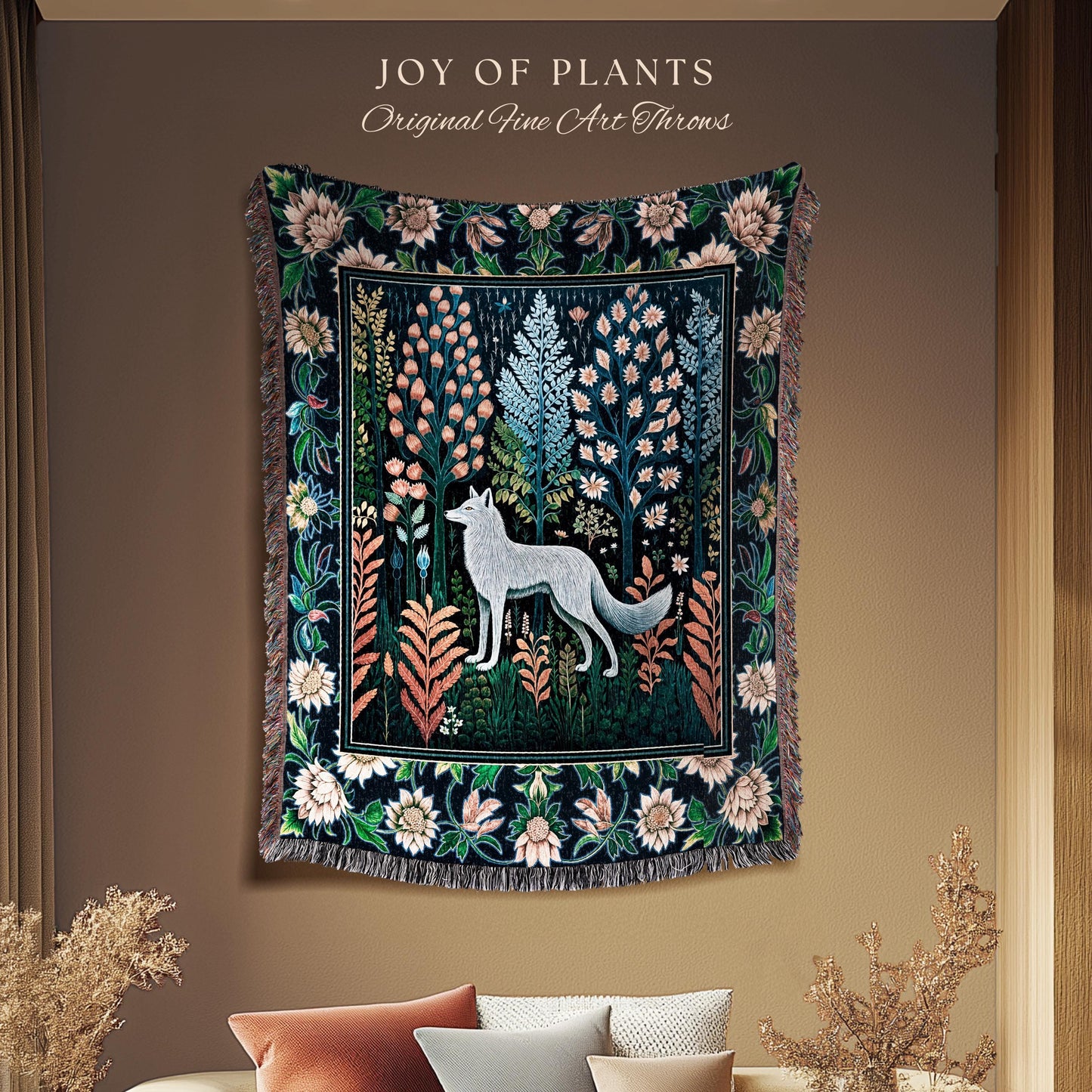 Floral Woodland Cozy Boho Blanket | Cabincore Indie Aesthetic Folklore Cute Wolf Nursery Fairytale Danish Pastel Cottagecore Whimsical |