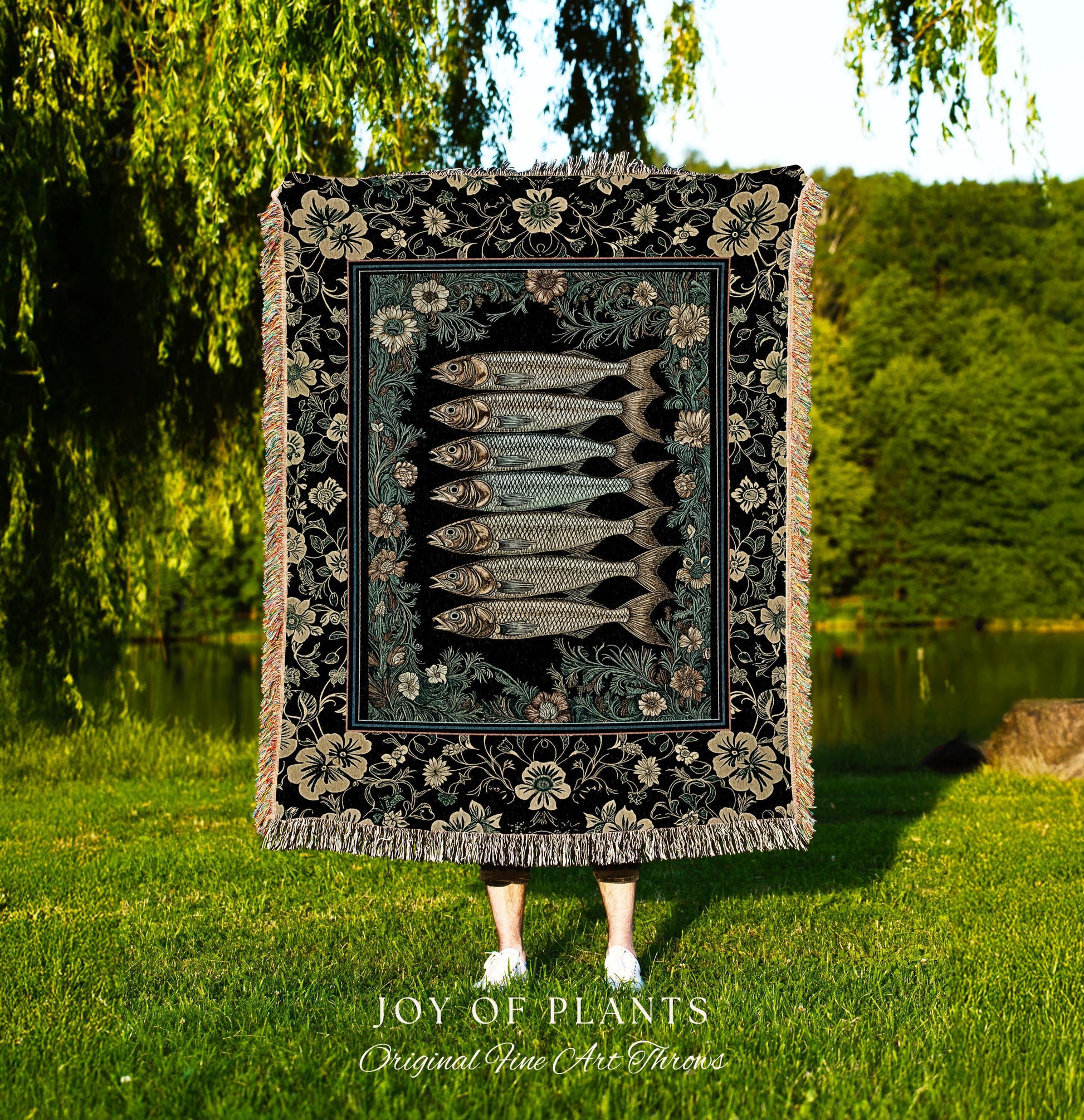 Ocean Folklore Nautical Sardine Blanket | Oceancore Woven Wall Tapestry Costal Fish Marine Life Home Accent Ocean Inspired Fish Aesthetic |