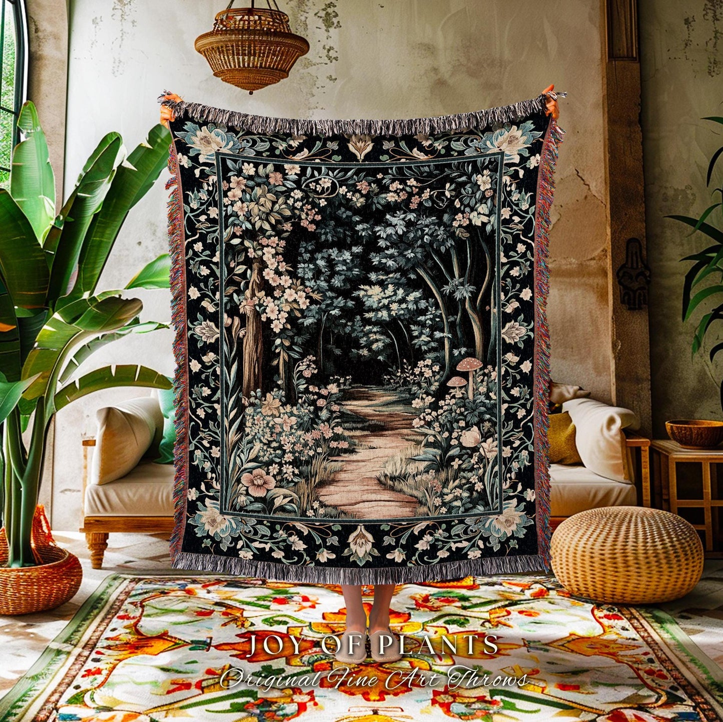 Dreamy Forest Landscape Botanical Blanket | Misty Forest Dark Cottagecore Aesthetic Fairycore Book Nook Woven Tapestry Magical Jungle Decor