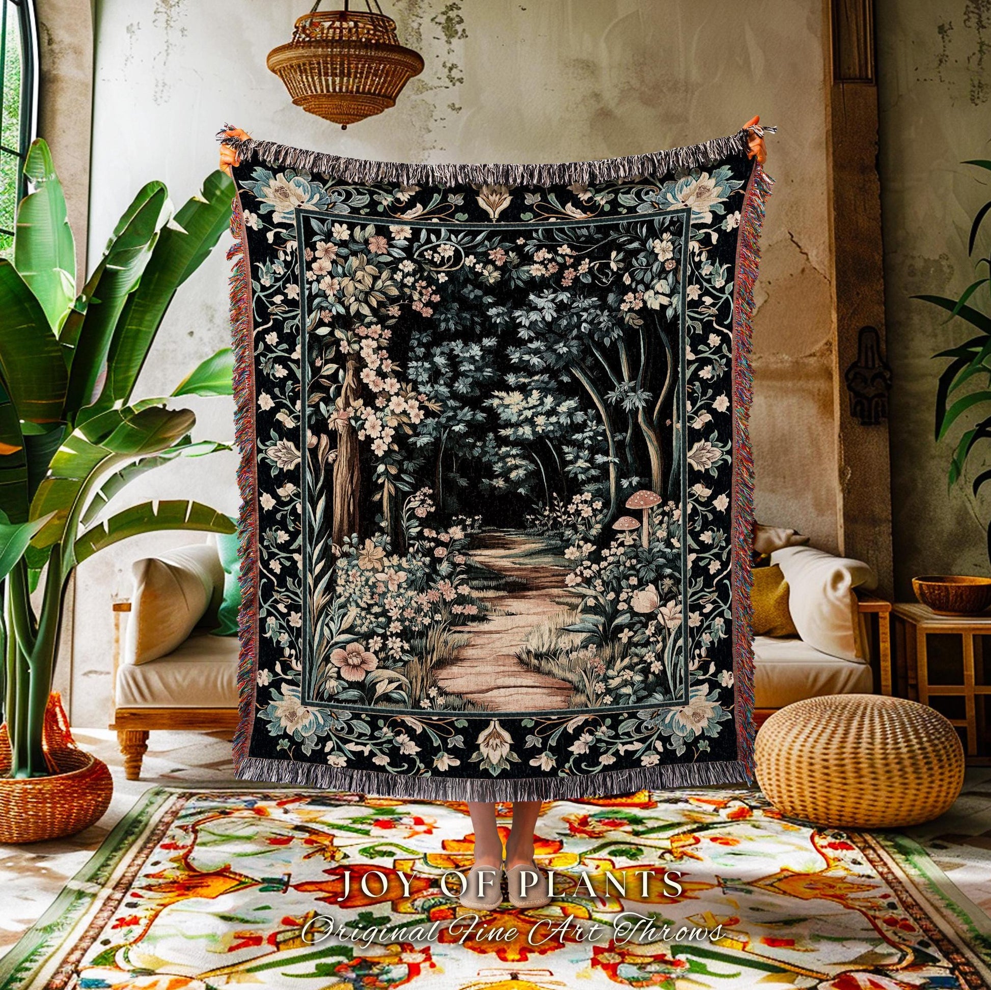 Dreamy Forest Landscape Botanical Blanket | Misty Forest Dark Cottagecore Aesthetic Fairycore Book Nook Woven Tapestry Magical Jungle Decor