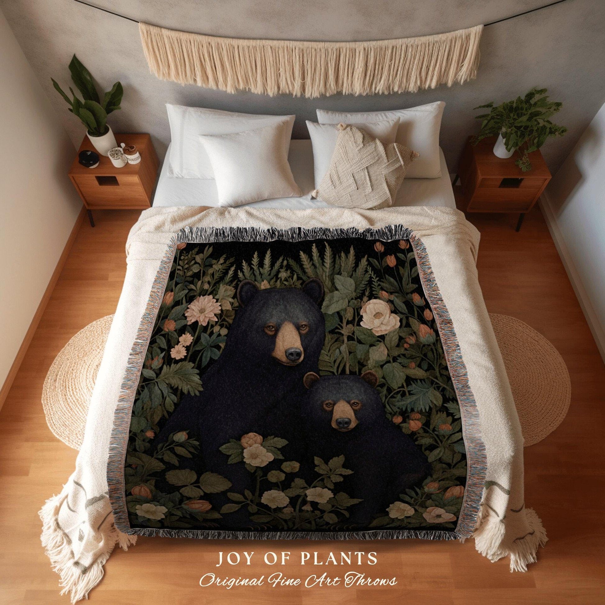 Bear Blanket Woven Tapestry | Woven Fringe Blanket Tapestry William Morris Tapestry Morris Decor Bear Couple Blanket Woodland Cottagecore |
