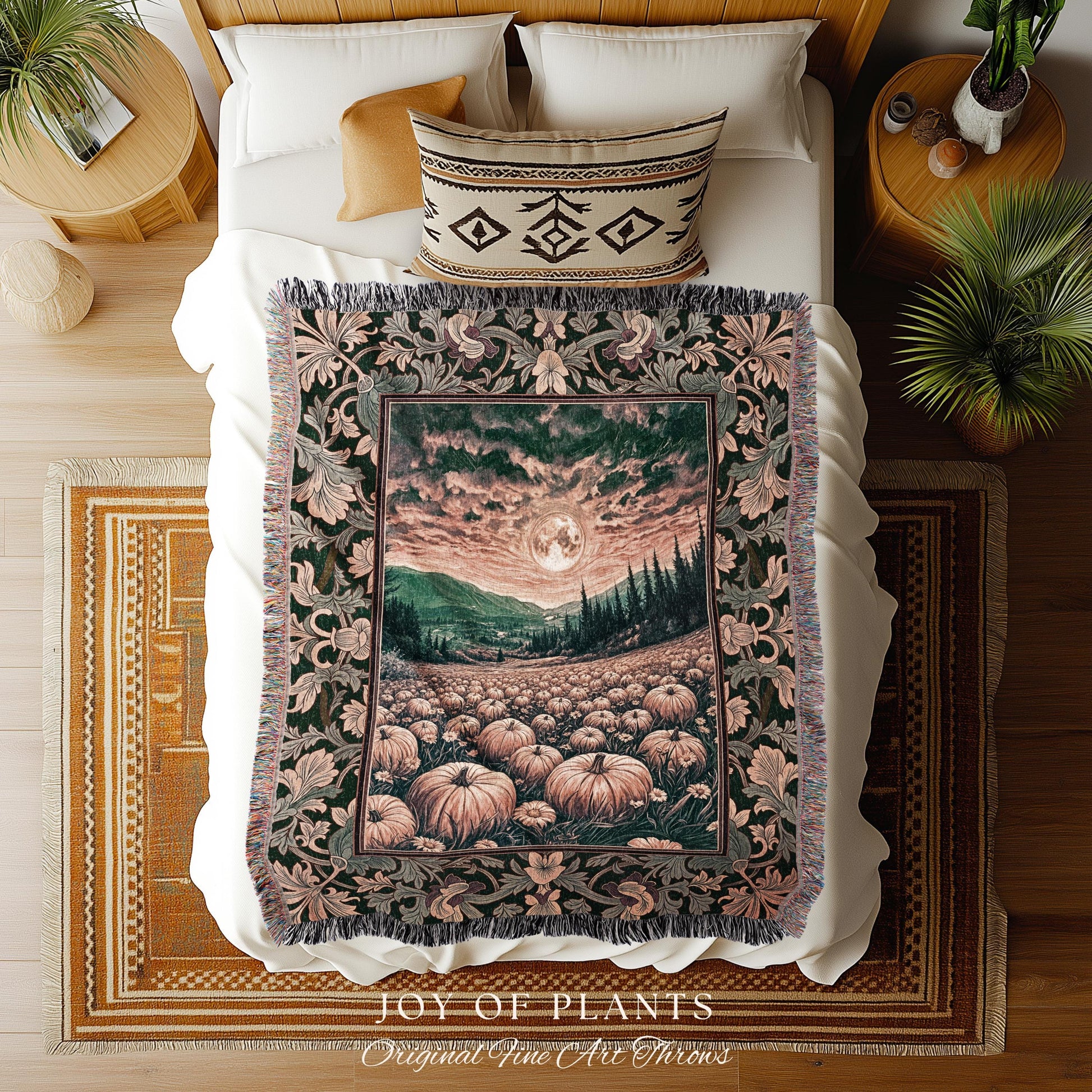 Magic Celestial Moon Woven Tapestry | Cute Spooky Halloween Night Sky Blanket Rustic Pumpkin Fall Academia Aesthetic Whimsigoth Baroque Art