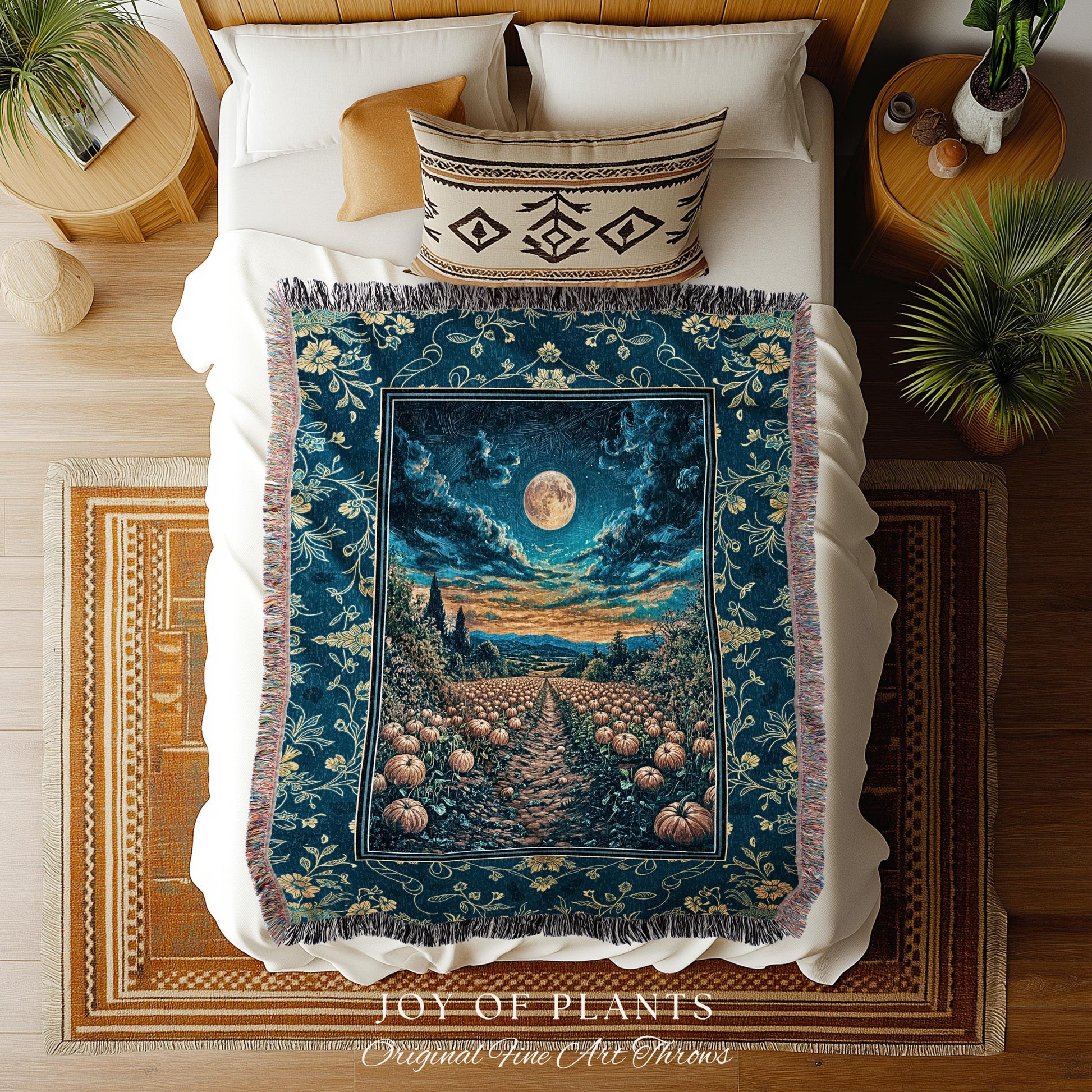 Dark Moody Harvest Moon Throw Blanket | Whimsigoth Dark Academia Vibe Pumpkin Patch Woven Tapestry Spooky Season Rustic Fall Decor Halloween