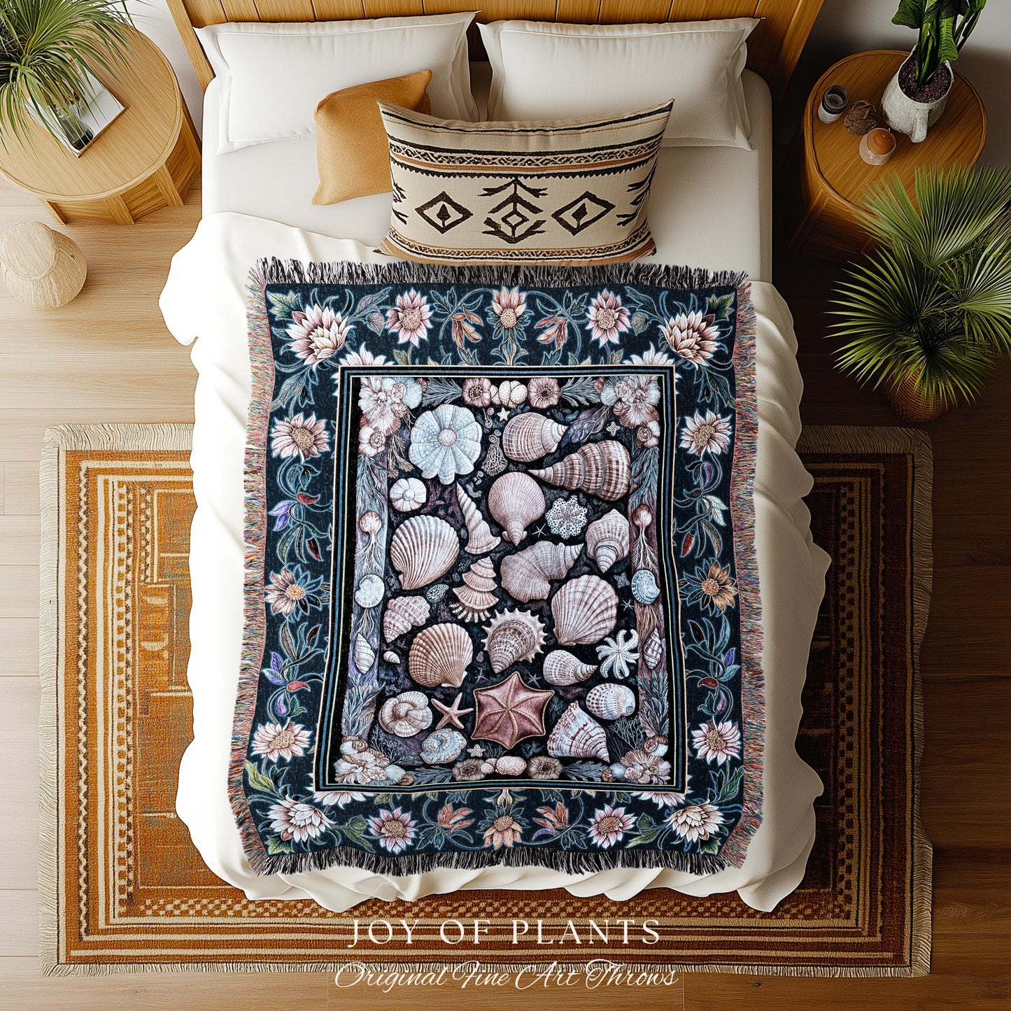 Coastal Pastel Seashell Woven Throw Blanket | Vintage Ocean Inspired Beach Accent Marine Life Wall Tapestry Summer Aesthetic Mermaid Decor |