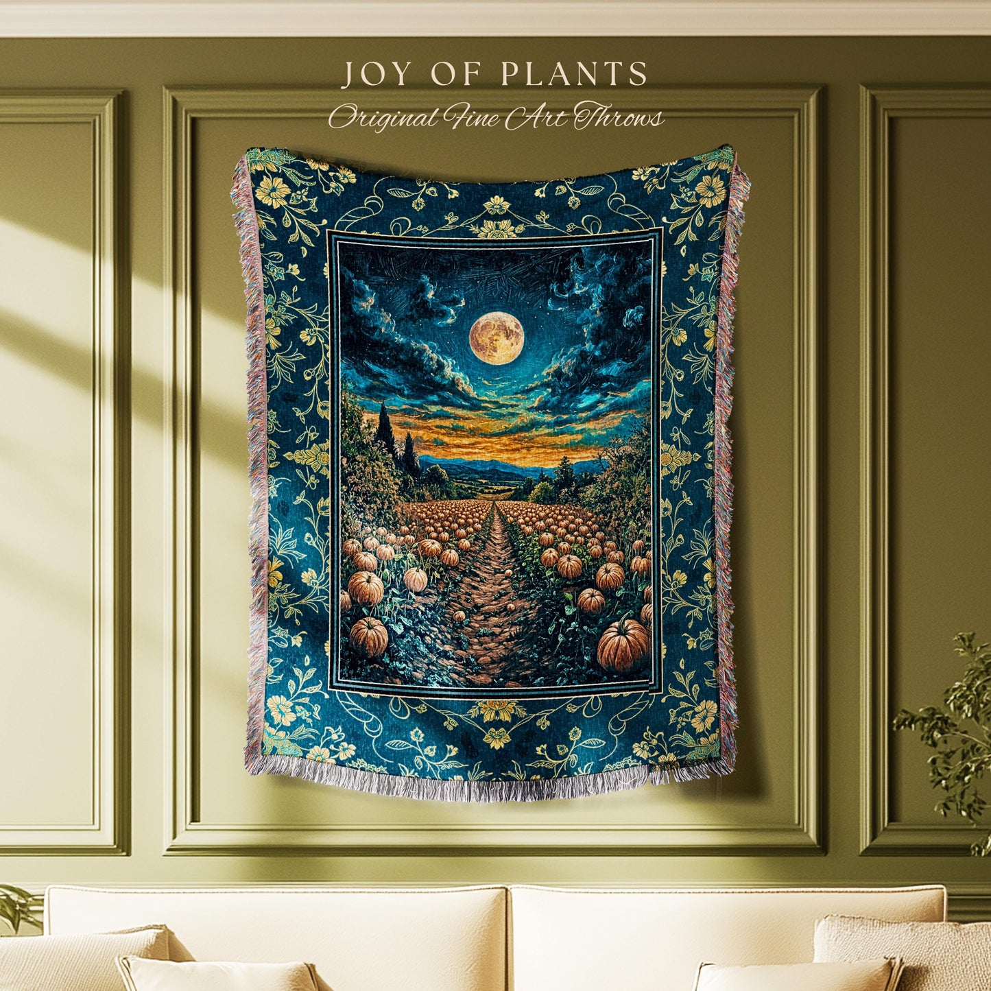 Dark Moody Harvest Moon Throw Blanket | Whimsigoth Dark Academia Vibe Pumpkin Patch Woven Tapestry Spooky Season Rustic Fall Decor Halloween