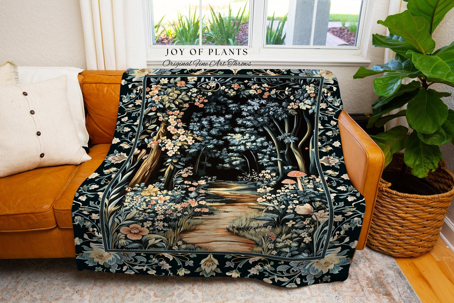 Dreamy Forest Landscape Botanical Blanket | Misty Forest Dark Cottagecore Aesthetic Fairycore Book Nook Woven Tapestry Magical Jungle Decor