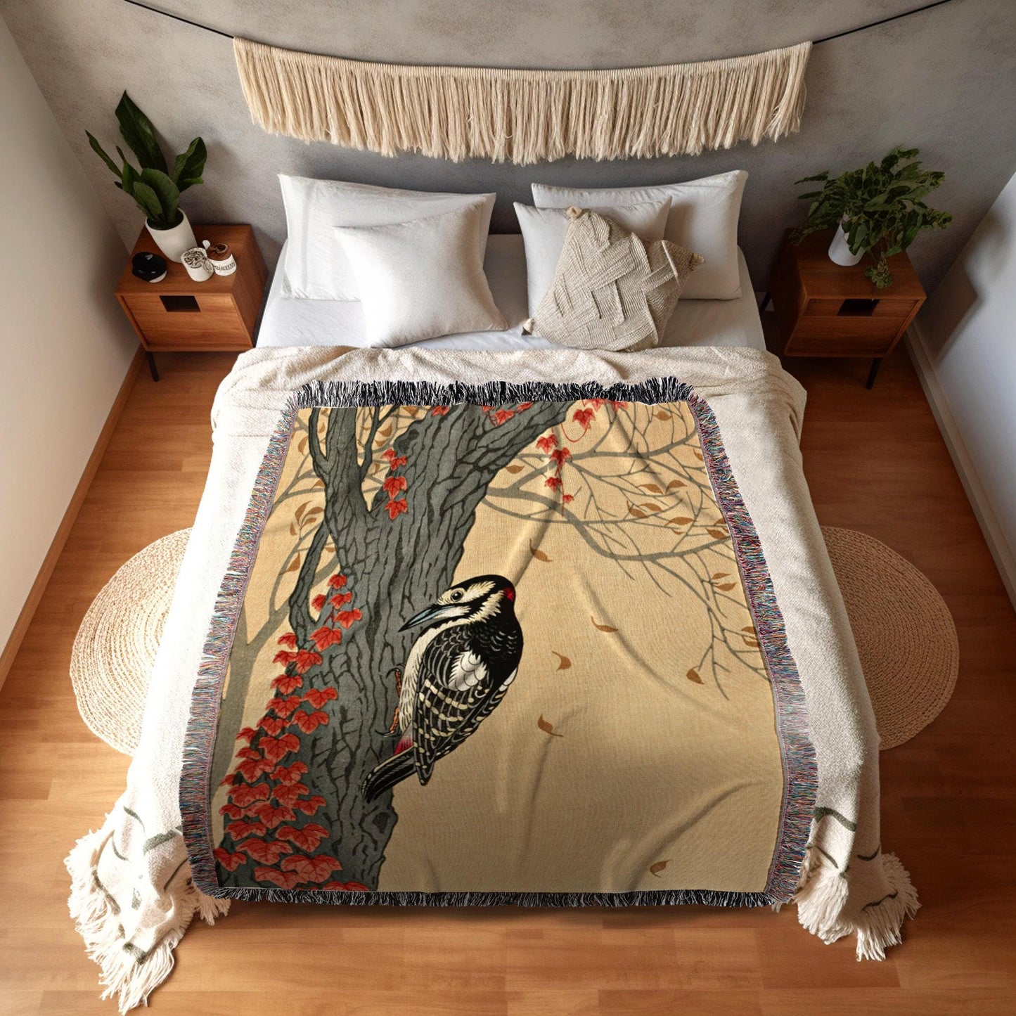 Japanese Woodpecker Painting Vintage Woven Tapestry | Ohara Koson Art Print | Custom Woven Throw Blanket | Tapestry Japanese Traditional Art
